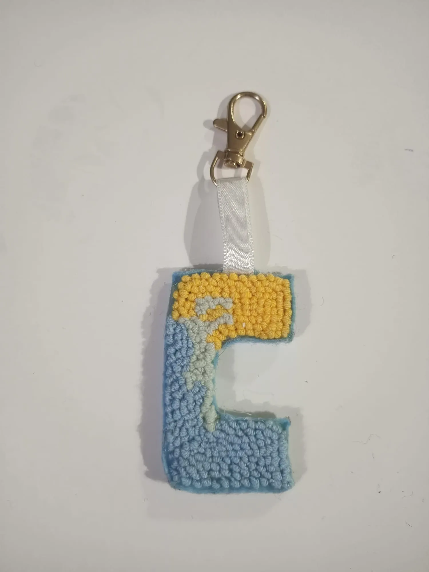 Blue and Yellow C Letter Punch Needle Keychain - Handmade