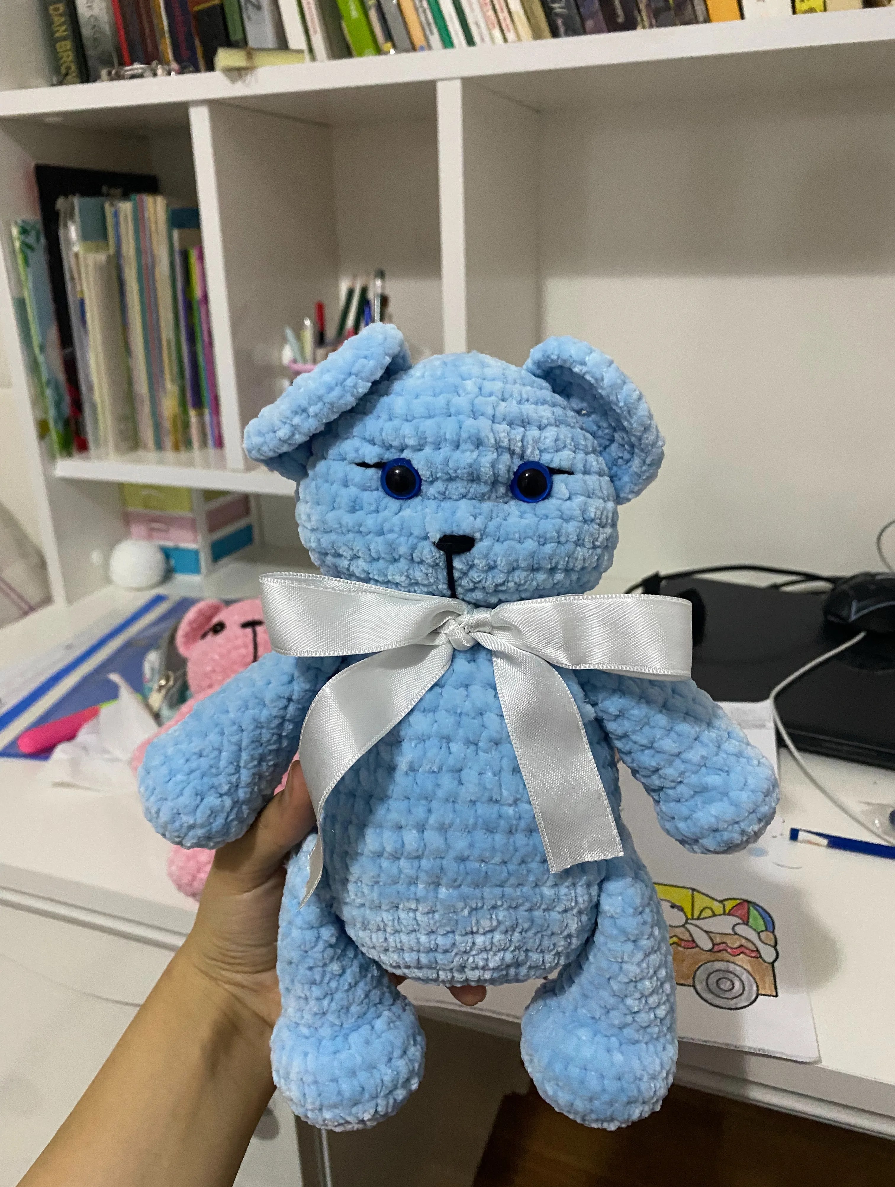 Blue Knitted Teddy Bear Toy - Handmade with Organic Cotton Yarn