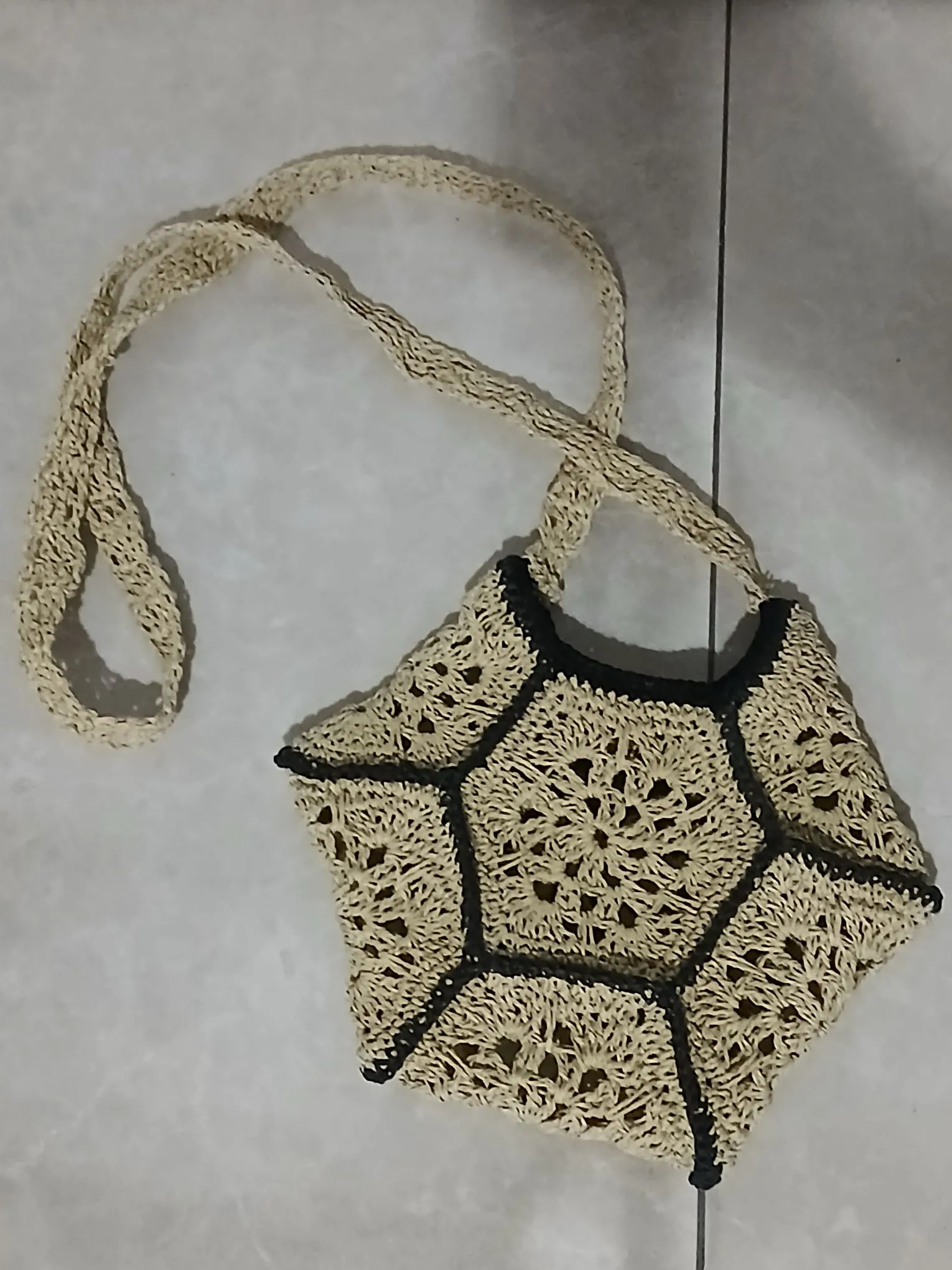 Cream Color Paper Yarn Hexagon Knitted Shoulder Bag - Handmade