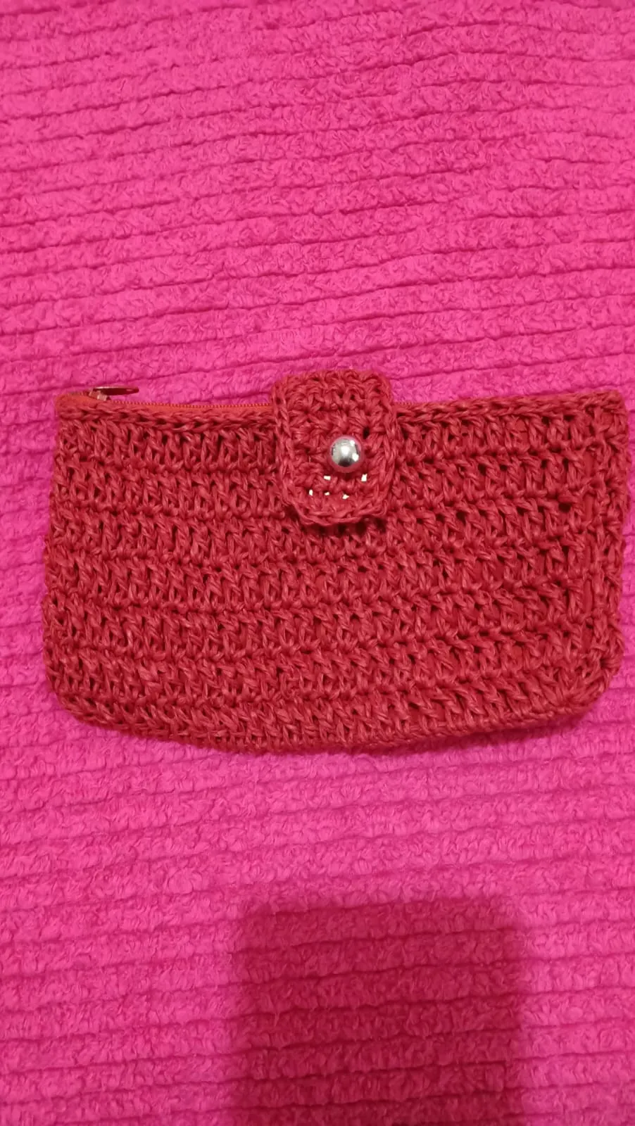 Red Knitted Women's Wallet - Handmade with Zipper and Button