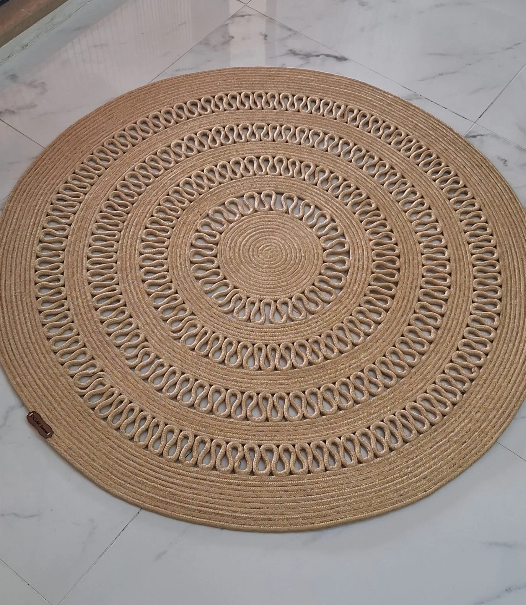 Dark Beige Jute Rope Round Rug - Birit Detailed 100x100 cm
