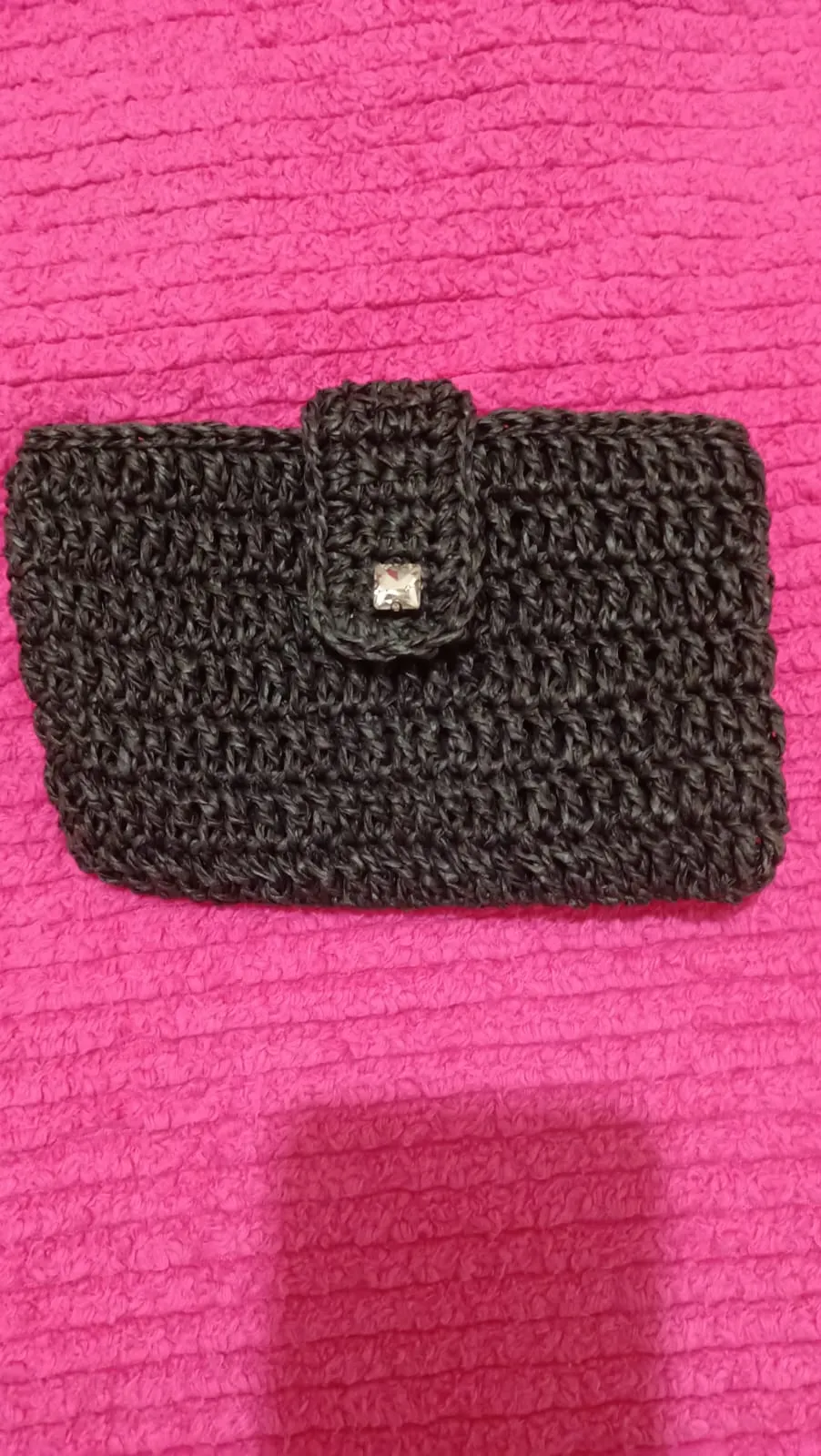 Black Knitted Hand Purse - Stone Detailed Flap, Handmade