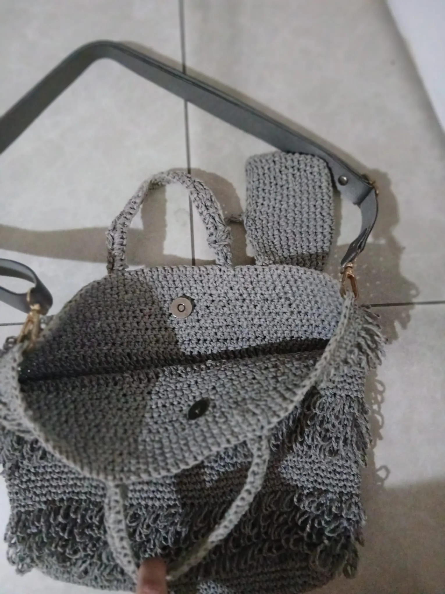 Gray Colored Macrame Detailed Knitted Shoulder Bag - Handmade