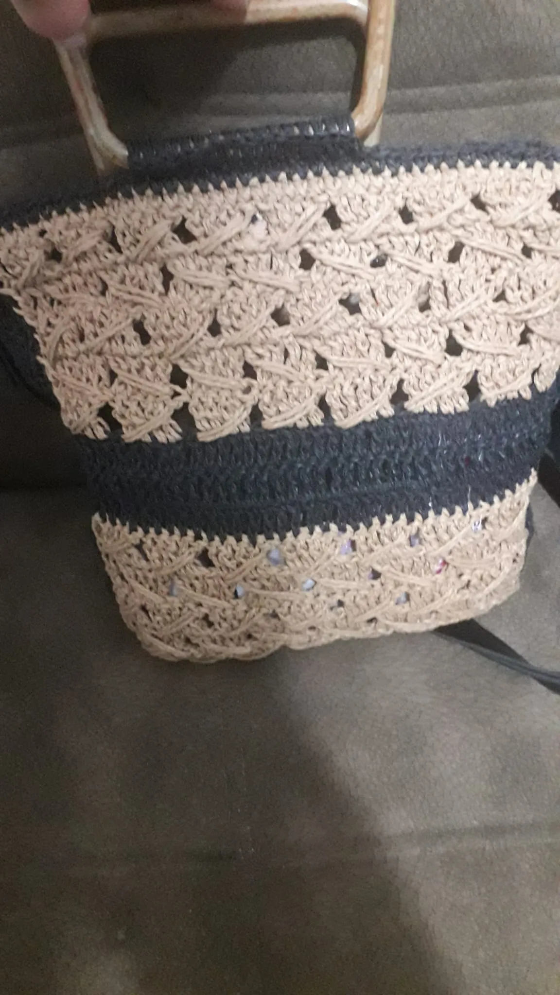 Brown and Black Paper Rope Knitted Shoulder Bag - Handmade