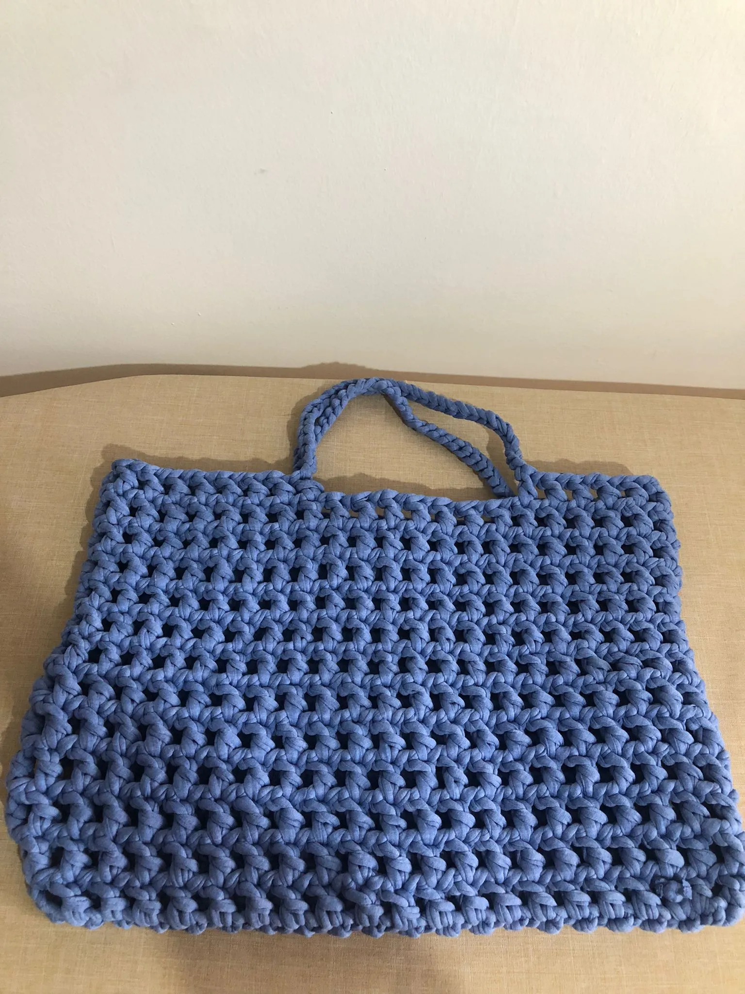 Blue Knitted String Bag from Jersey Yarn - Handmade Design