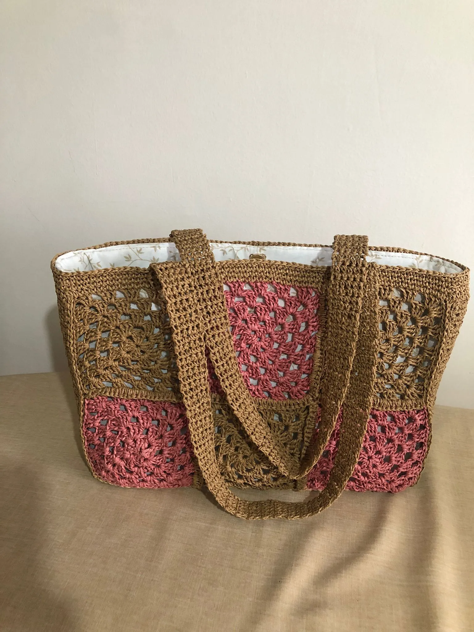 Brown and Pink Paper Yarn Knitted Beach Bag - Handmade