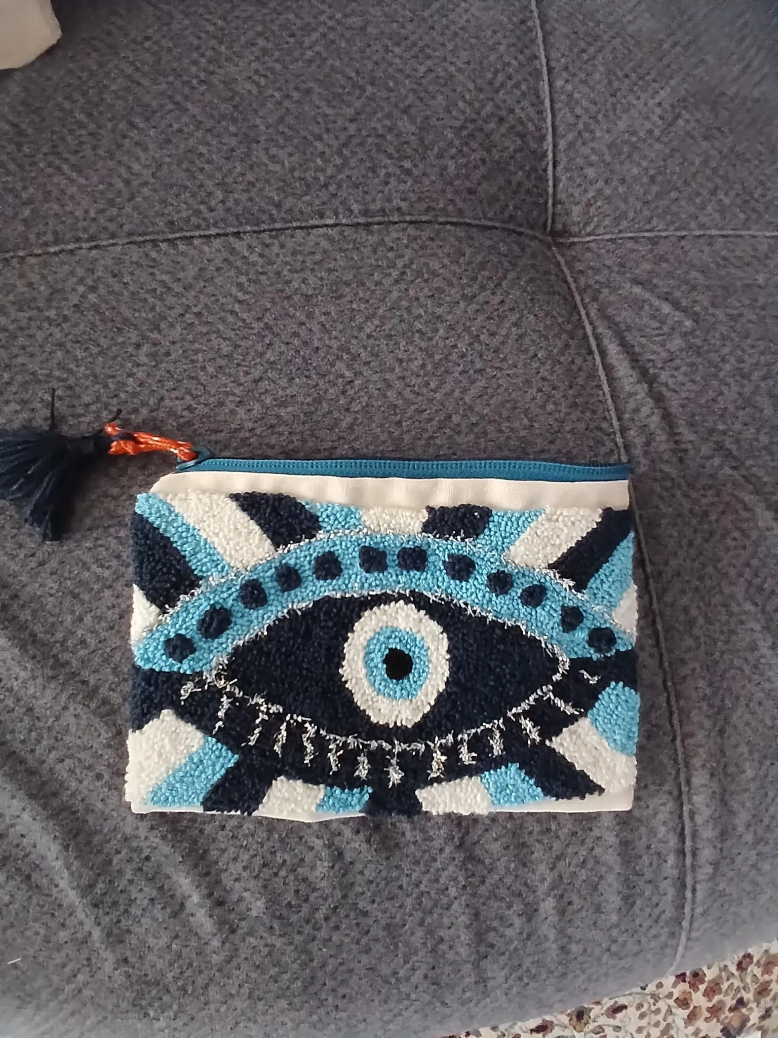 Blue Eye Motif Punch Needle Bag - Handmade Custom Design