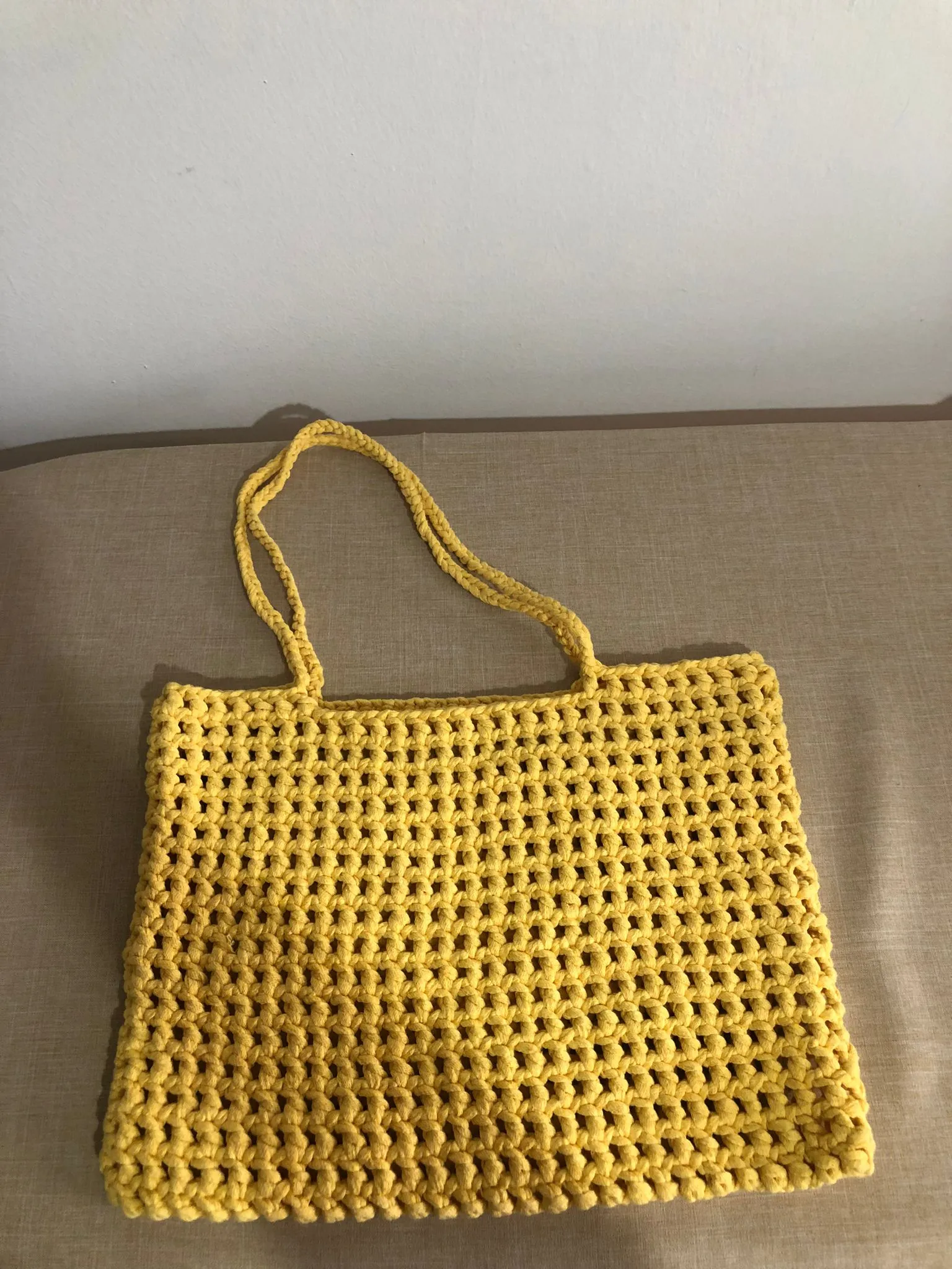 Yellow Macrame Knitted Shoulder Bag - Handmade from T-shirt Yarn