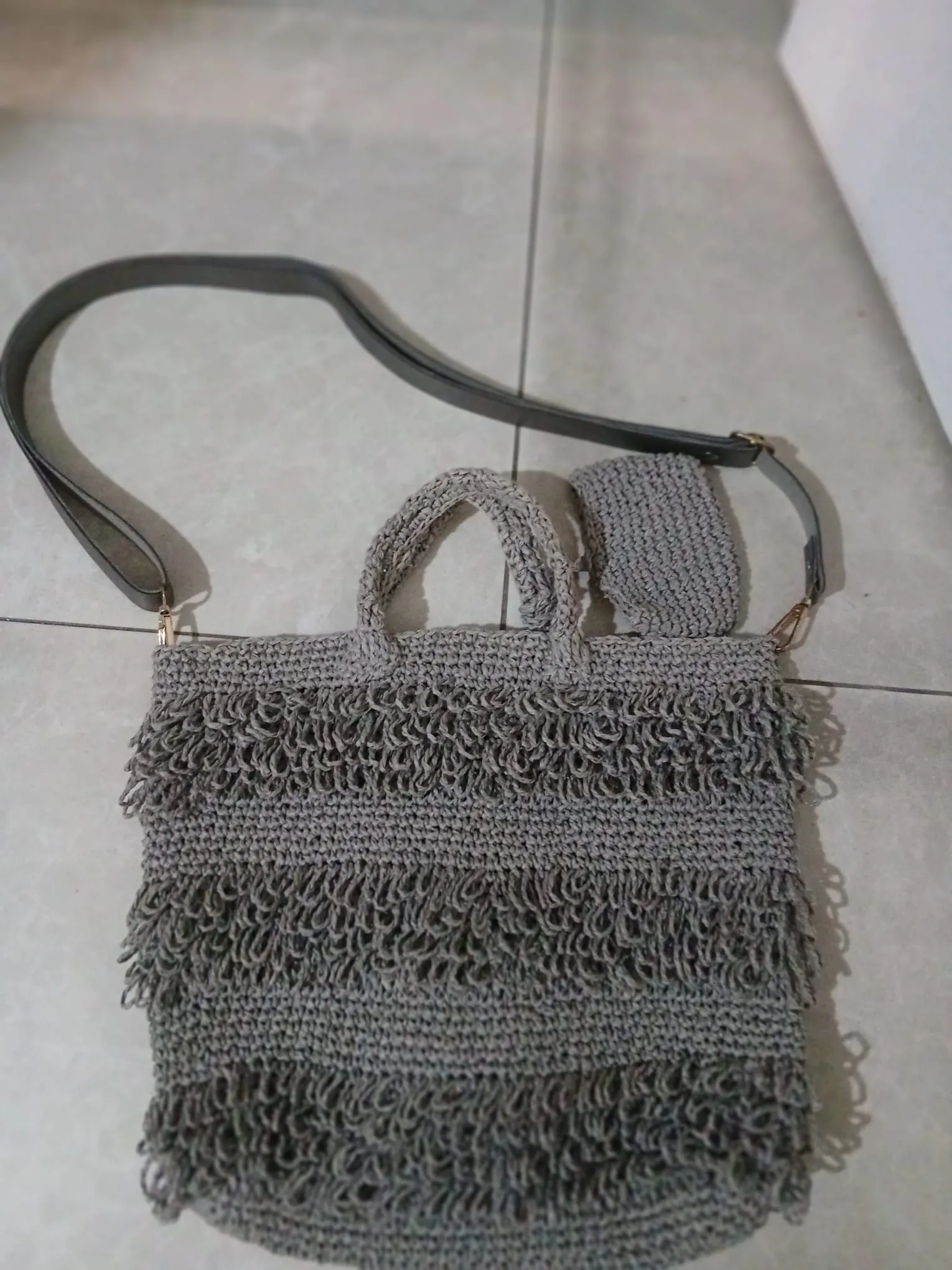 Gray Colored Macrame Detailed Knitted Shoulder Bag - Handmade