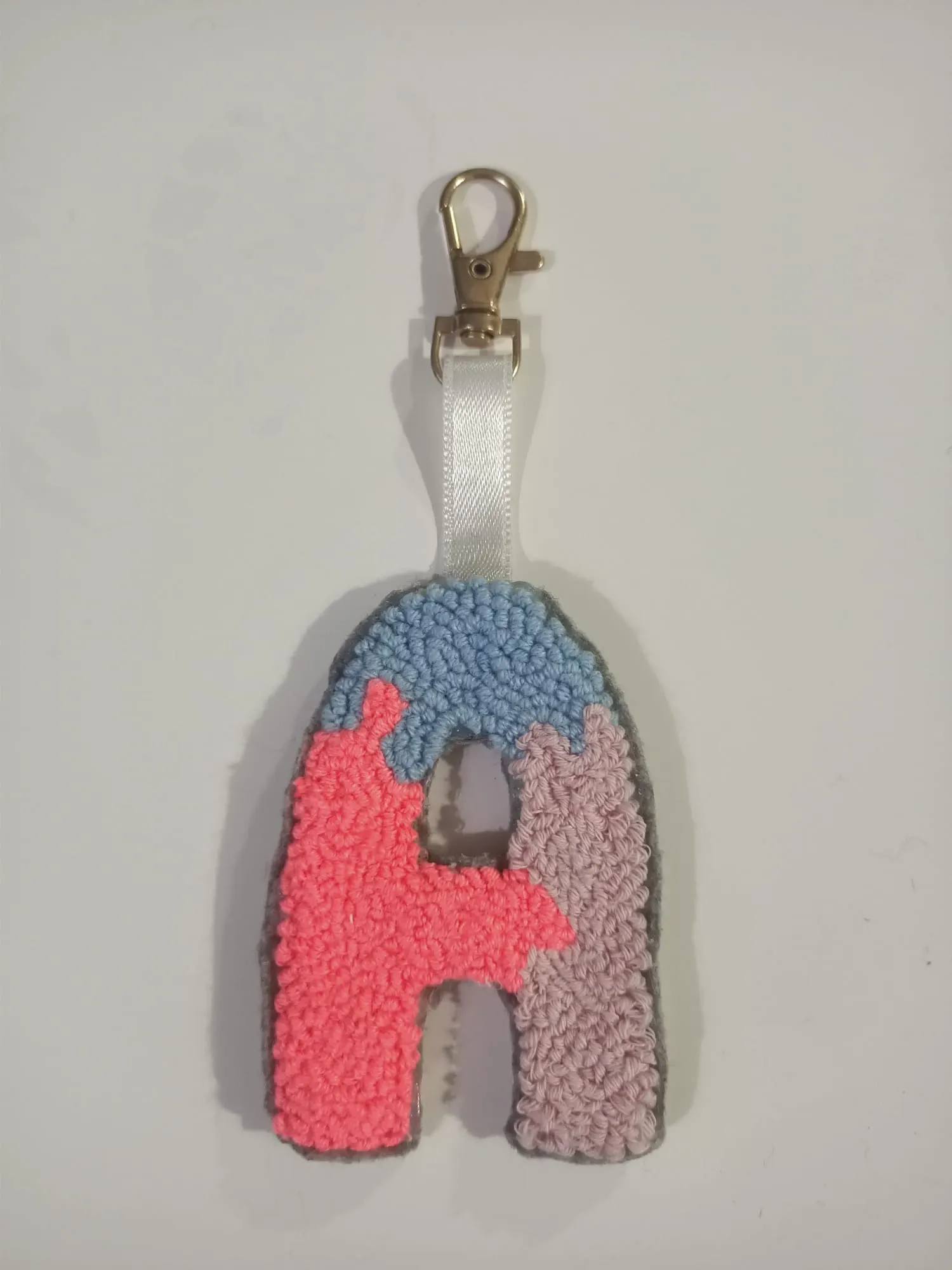 Punch Needle A Letter Keychain - Blue Pink Handmade