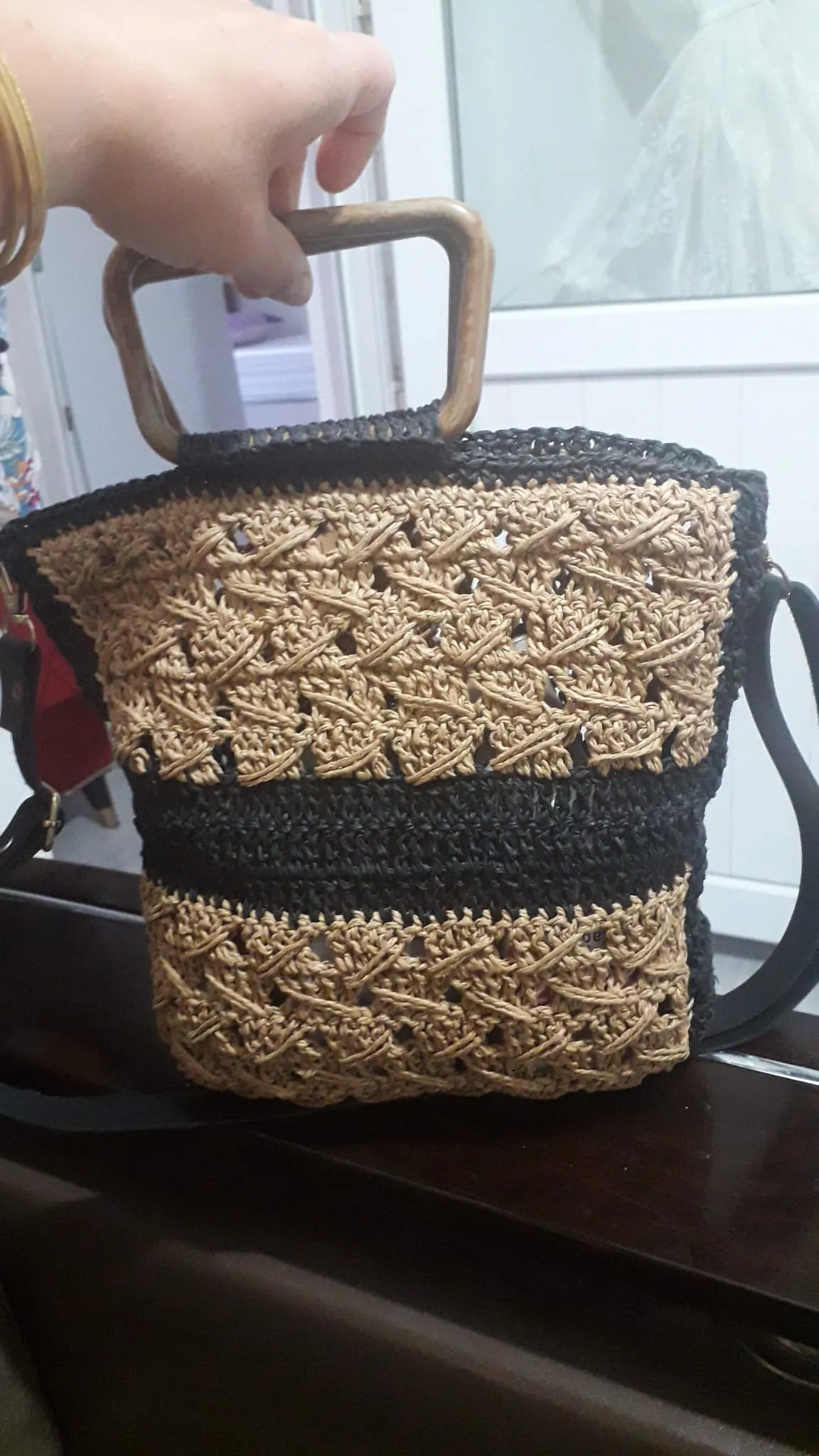 Brown and Black Paper Rope Knitted Shoulder Bag - Handmade