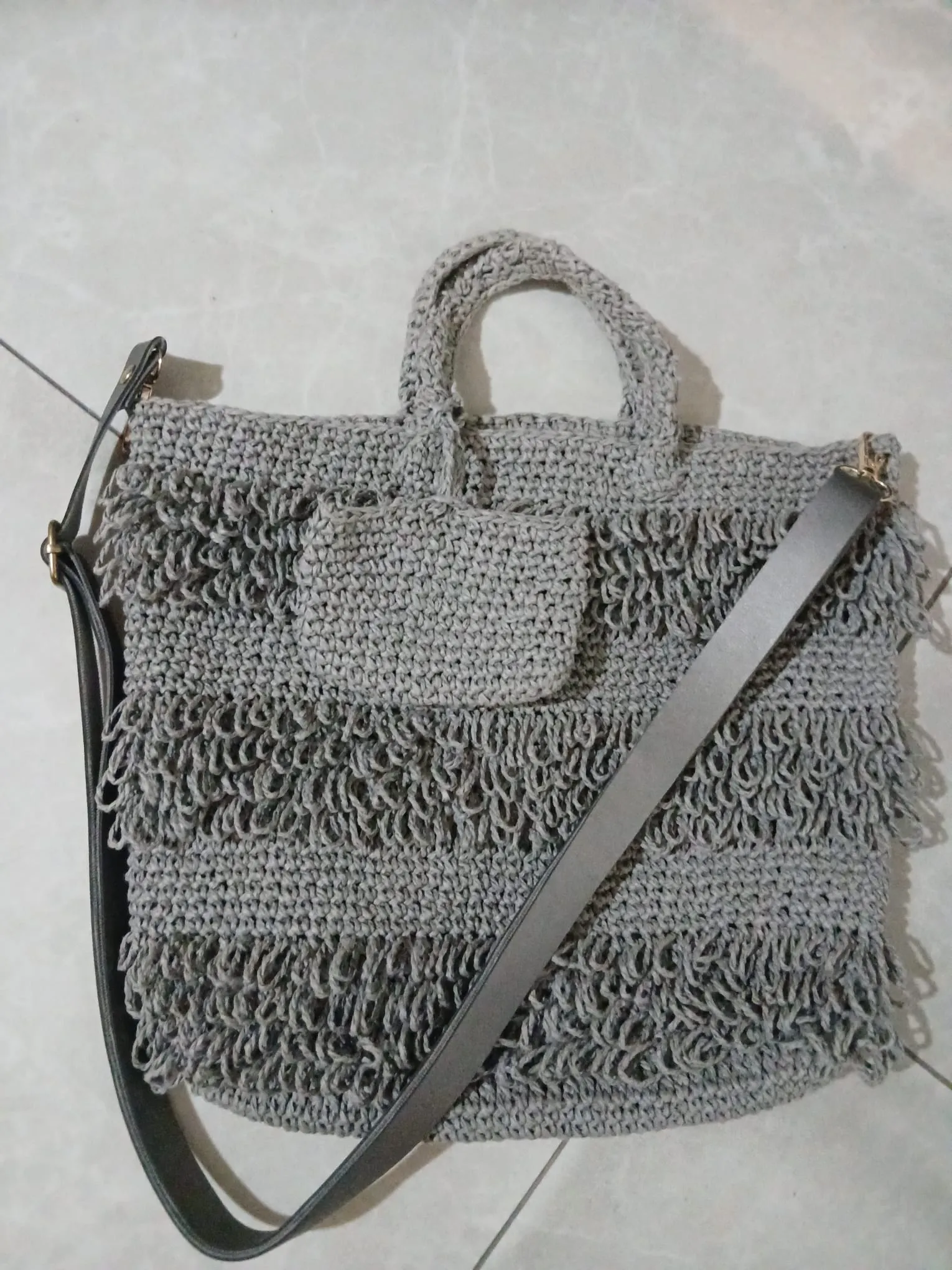 Gray Colored Macrame Detailed Knitted Shoulder Bag - Handmade