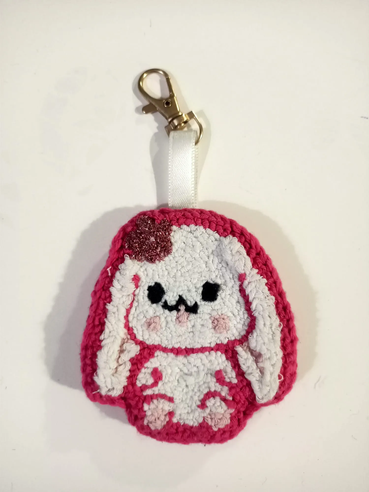 Pink Rabbit Design Punch Needle Keychain - Handmade Gift