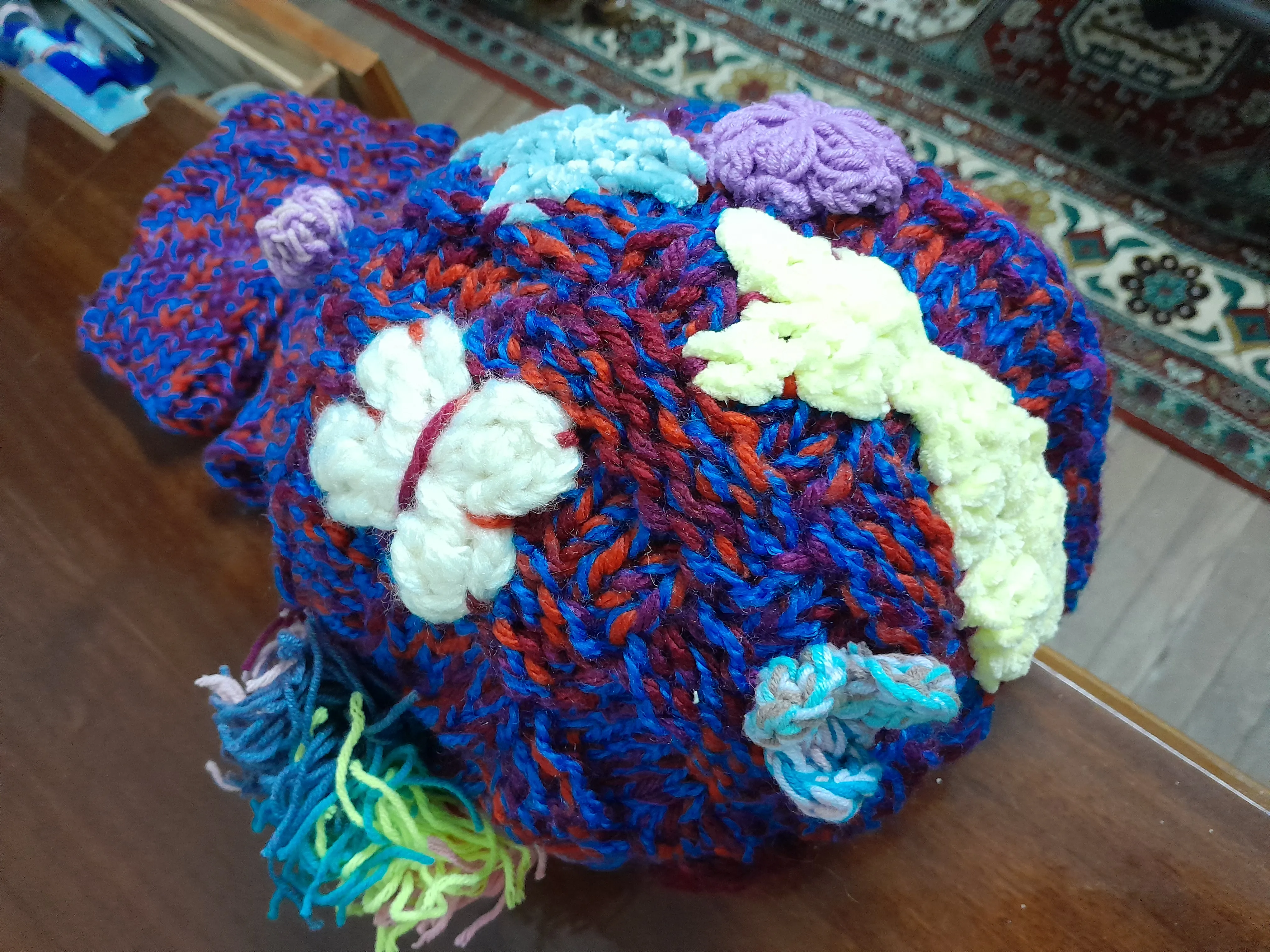 Renkli Yün Bere ve Parmaksız Eldiven Takımı - Püsküllü, El Emeği