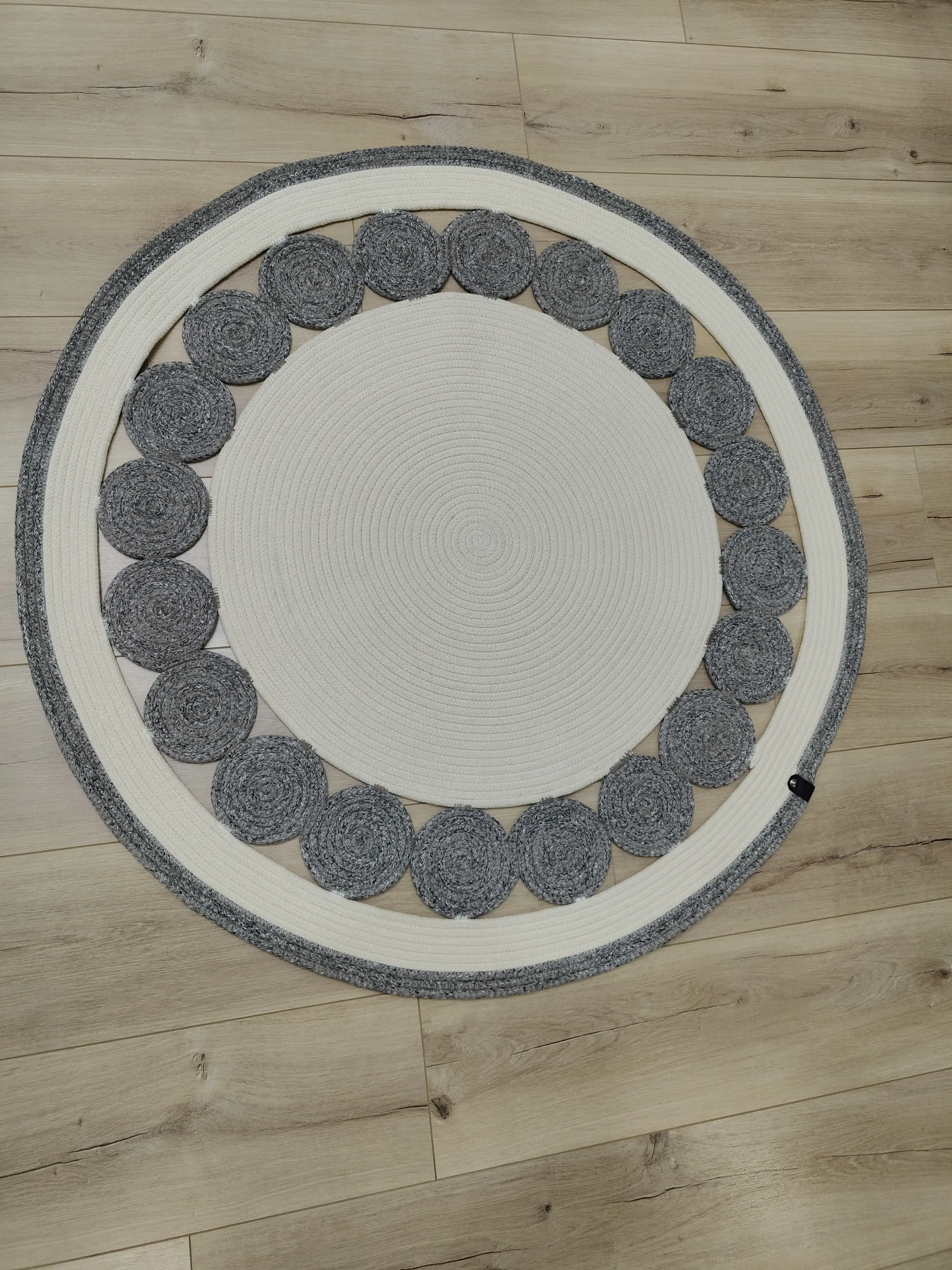 Gray and Cream Round Cotton Rug Mat - Handmade