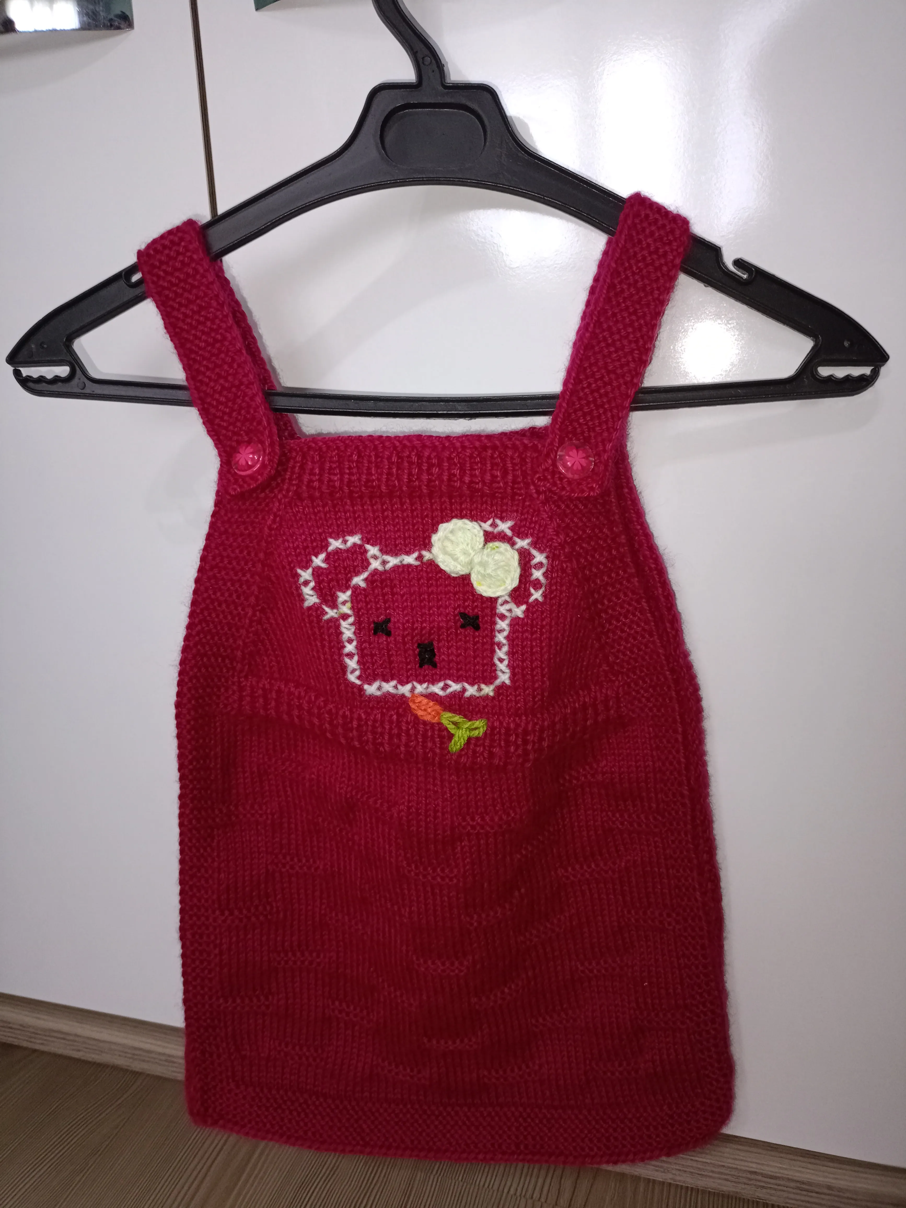 Fuchsia Knitted Girl's Dress - Etamine Embroidered Teddy Bear Figured