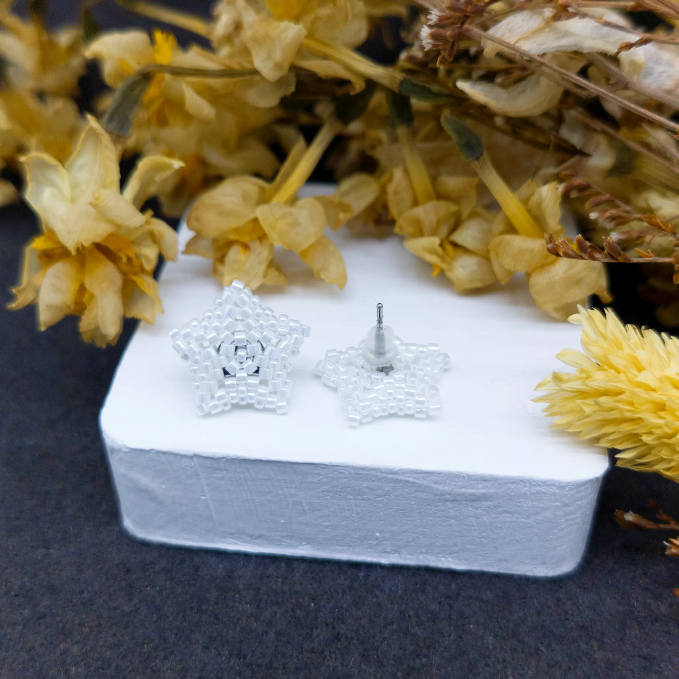 Star Model Earrings Made from White Miyuki Beads - Handmade