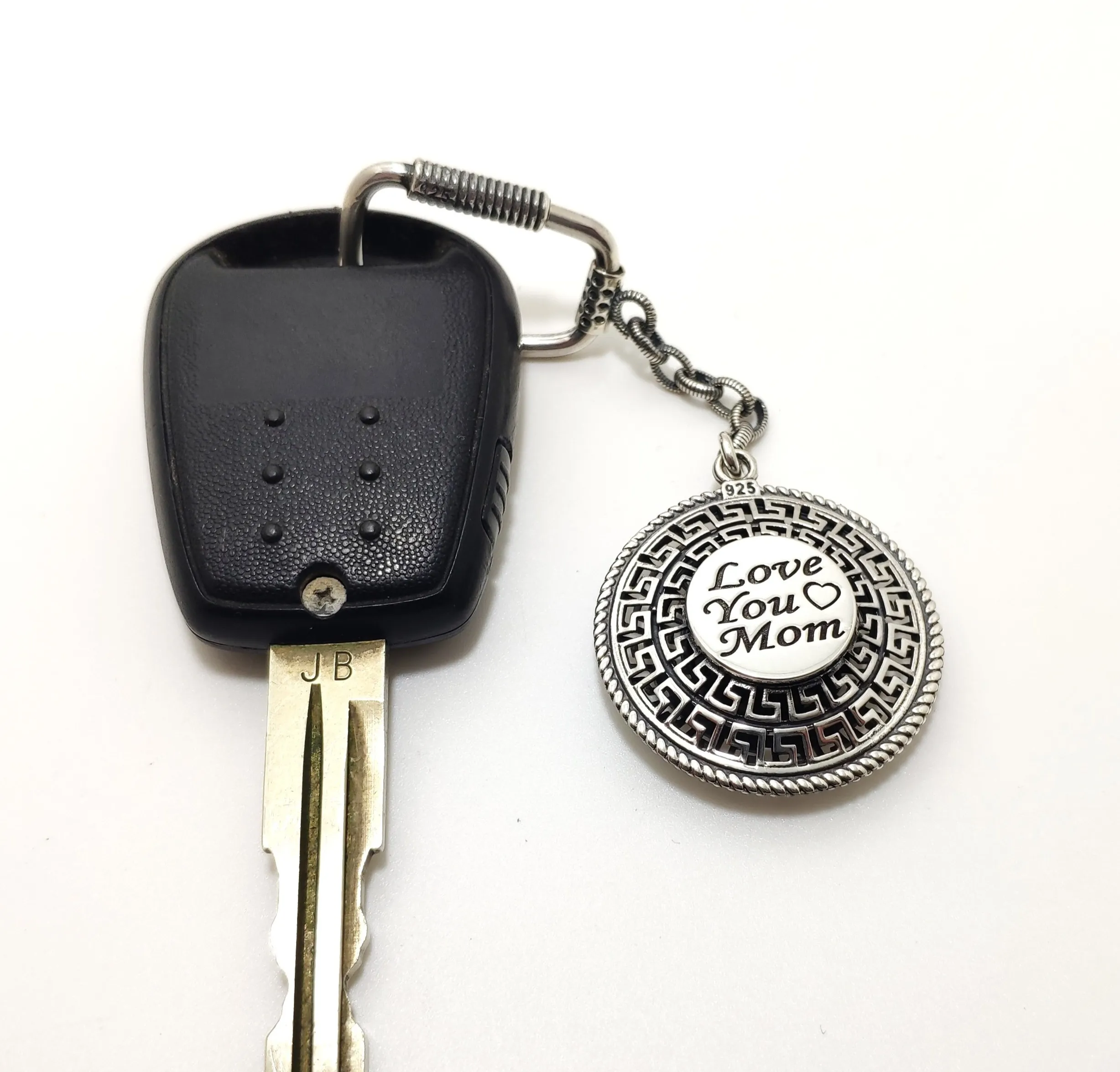 925 Sterling Silver Filigree Keychain - "Love You Mom" Inscribed