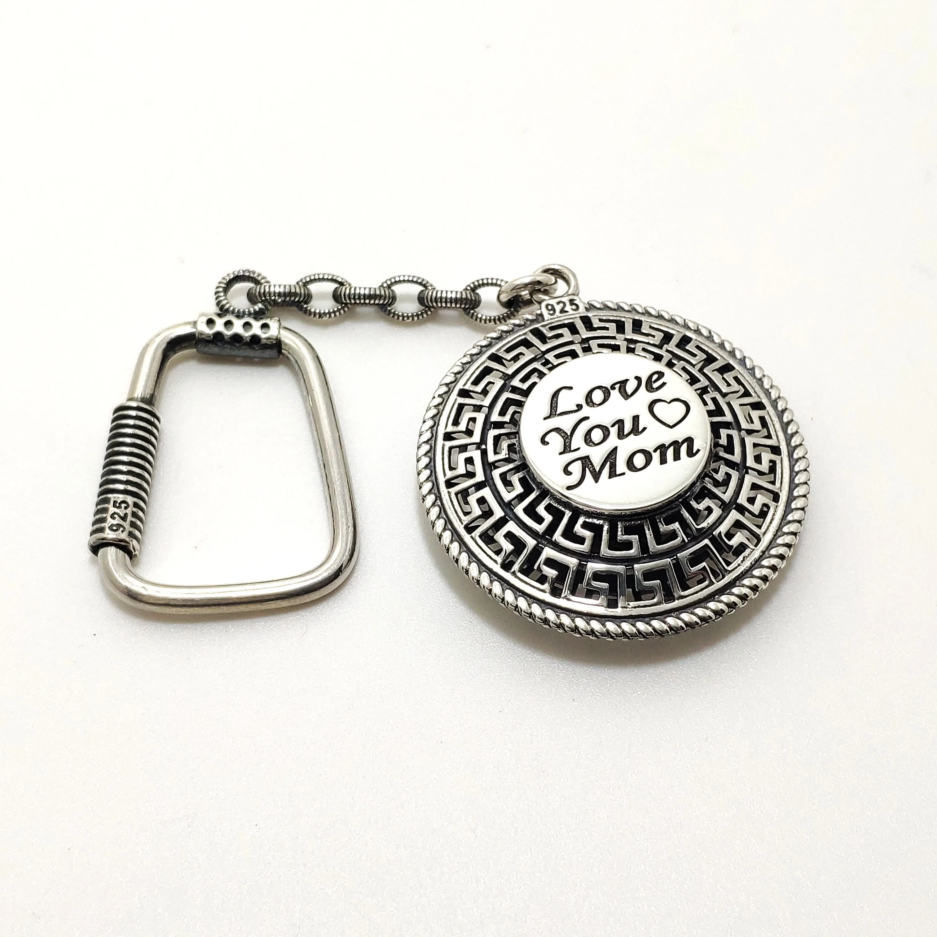 925 Sterling Silver Filigree Keychain - "Love You Mom" Inscribed