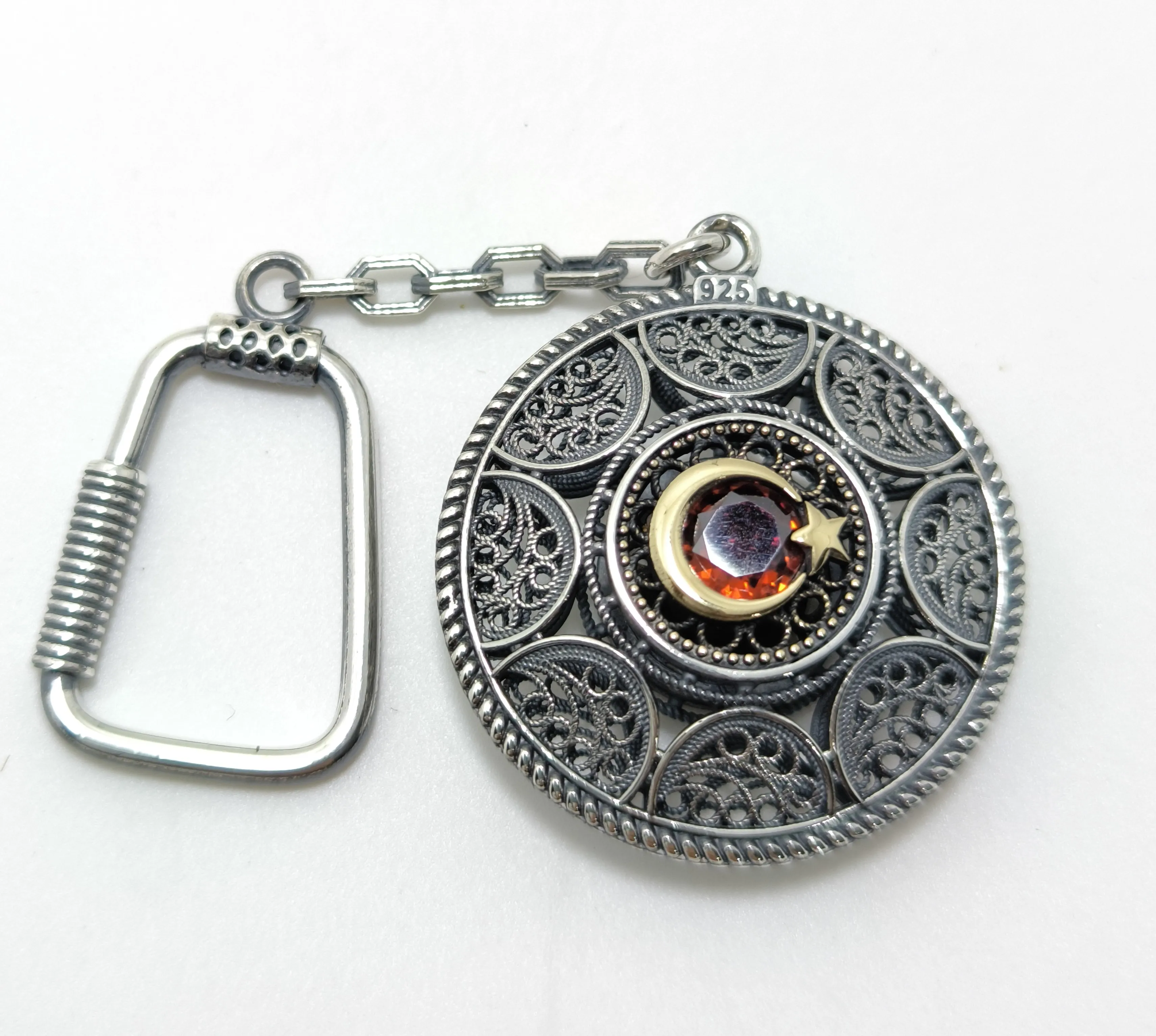 925 Sterling Silver Filigree Embroidered Crescent Star Keychain - Zircon Stone