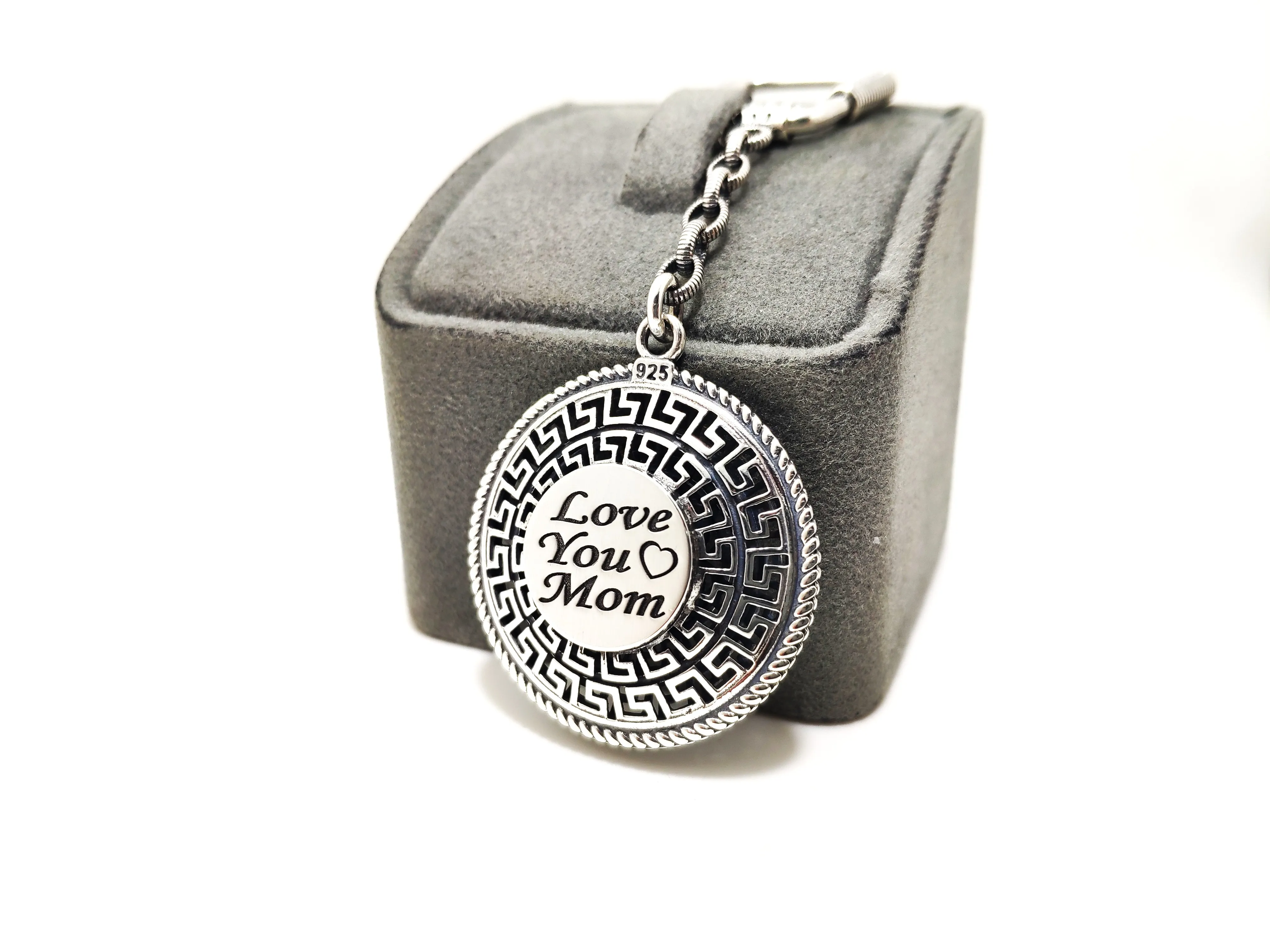 925 Sterling Silver Filigree Keychain - "Love You Mom" Inscribed