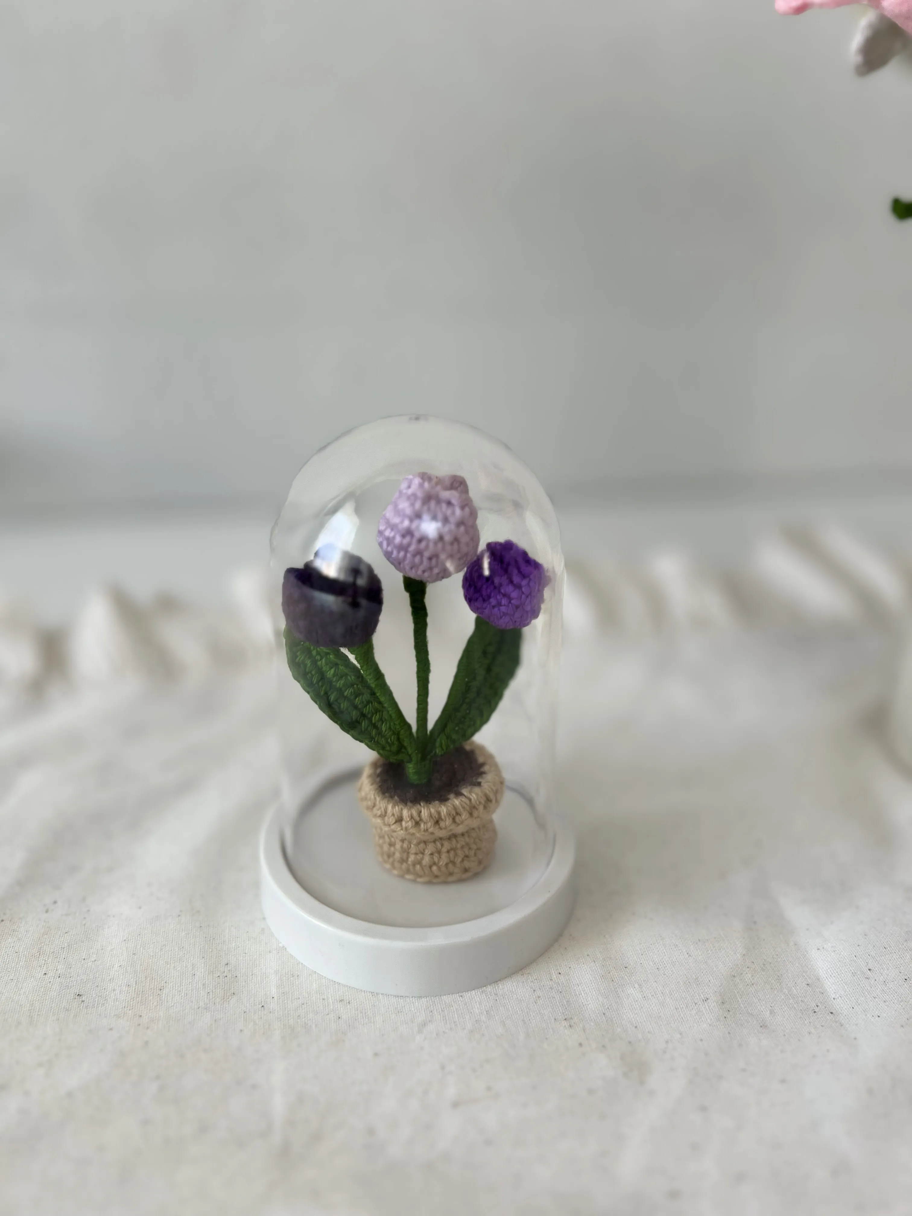 Örgü Lale Çiçeği Tasarımlı Mini Fanus - Dekoratif El Emeği Hediyelik