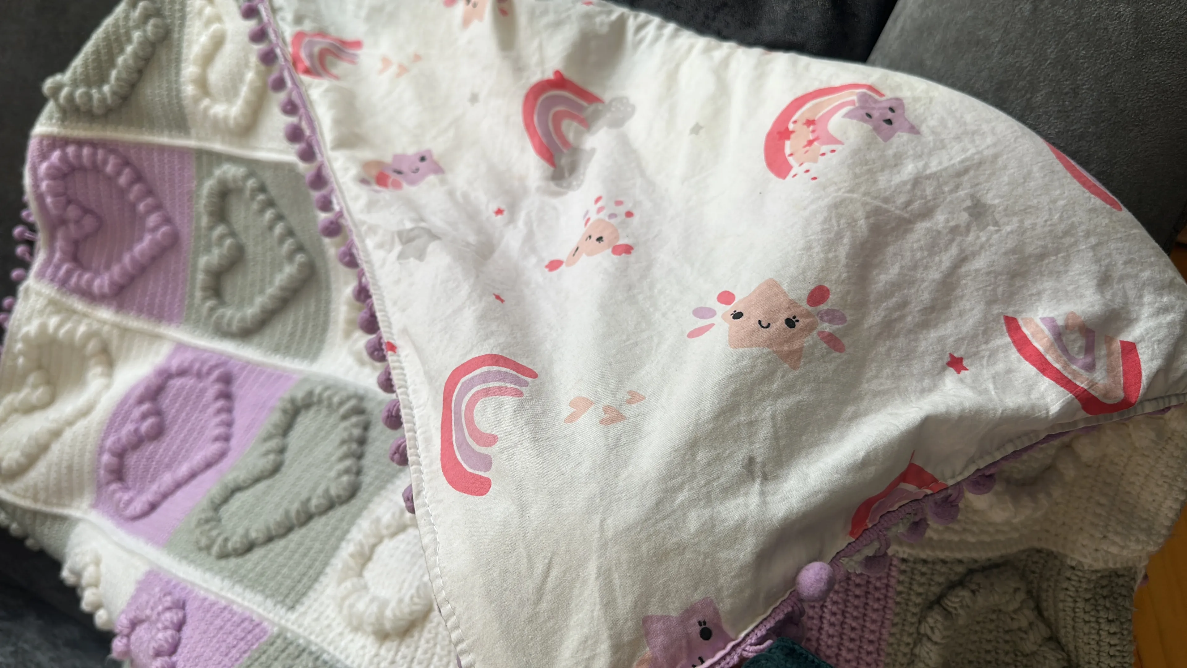 Örgü Kalpli Popcorn Bebek Battaniyesi - 90x90 cm - El Emeği