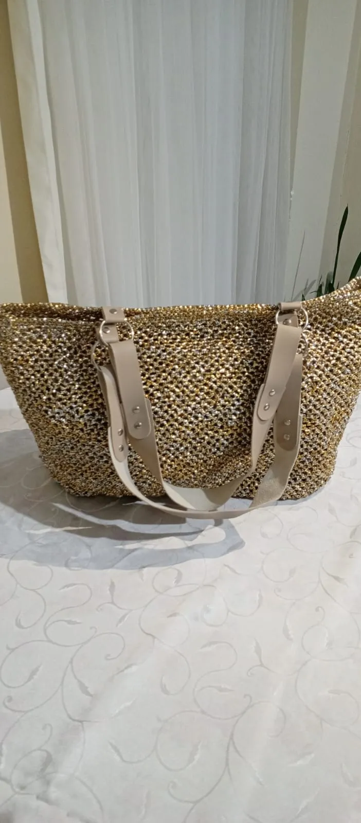 Metalik İpli Örgü Omuz Çantası - Bej Deri Saplı, El Yapımı