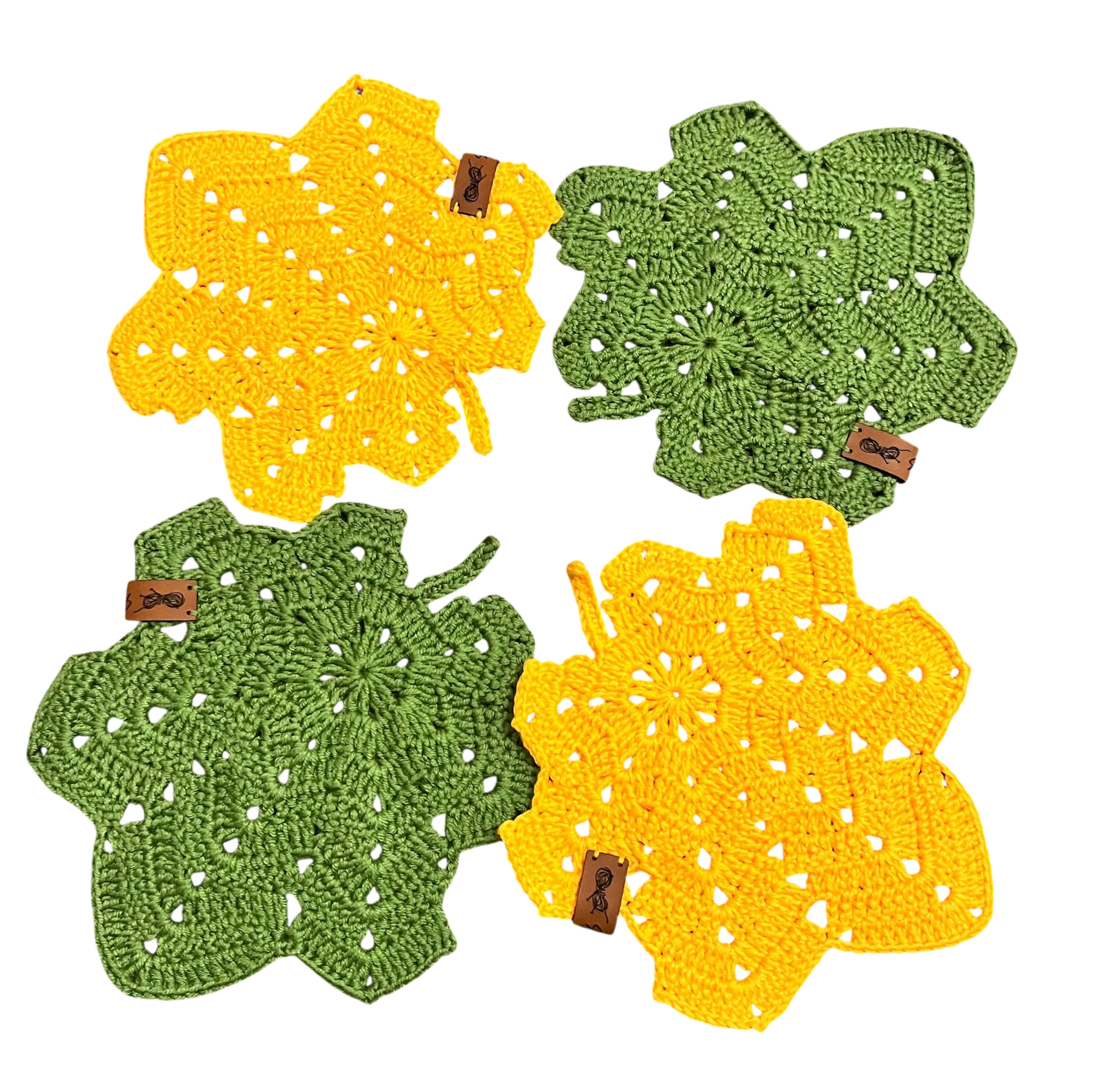 Yeşil Sarı Yaprak Desenli Örgü Tabak Bardak Altlığı - 4'lü Set