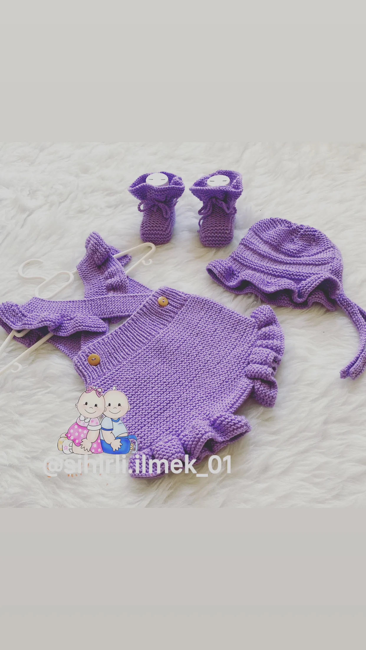 Lila Örgü Bebek Seti (0-6 Aylık) - Tulum, Şapka ve Patik - El Örgüsü