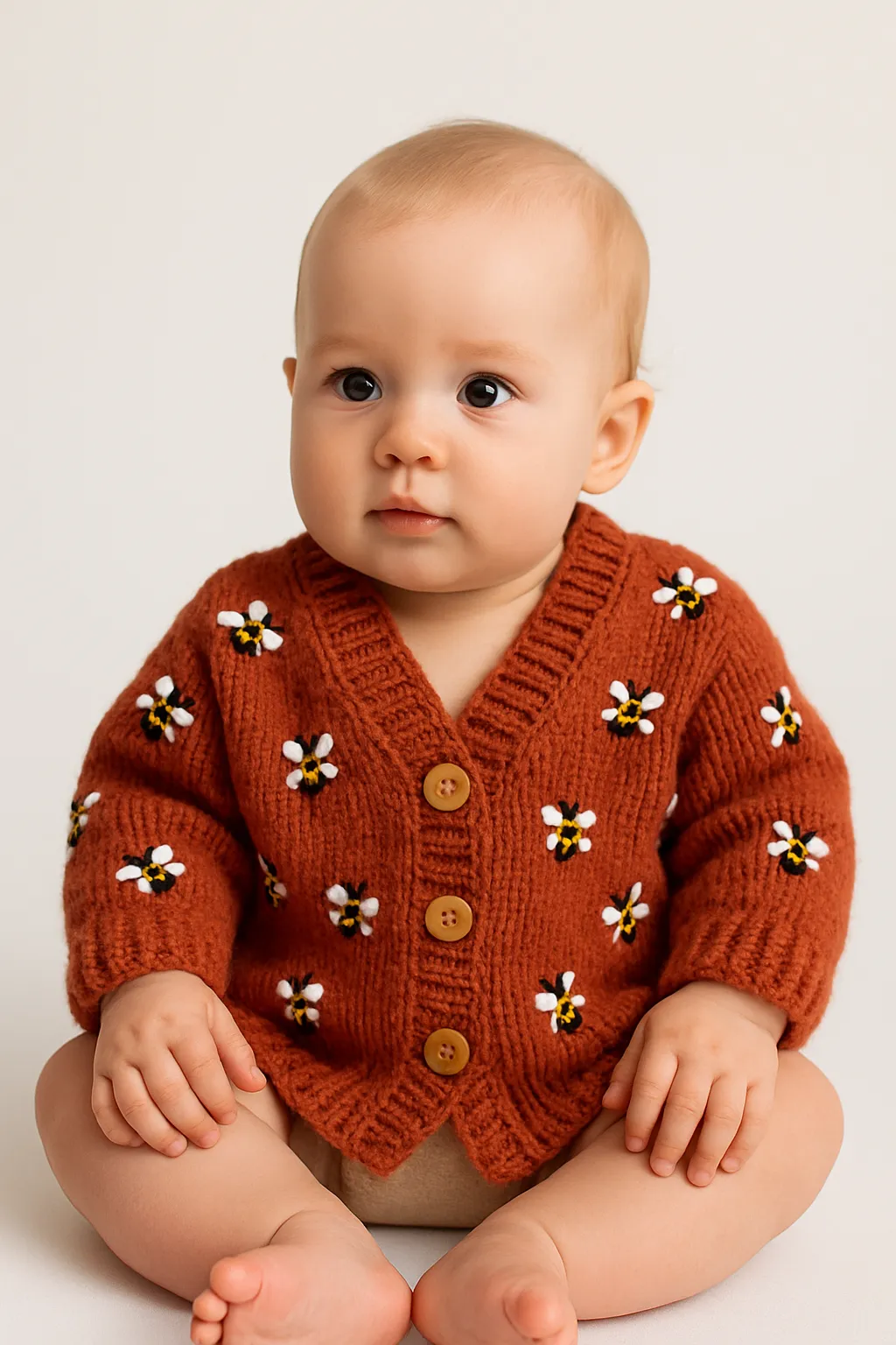 Kahverengi Arı Desenli Bebek Hırka - El Emeği Örgü Triko