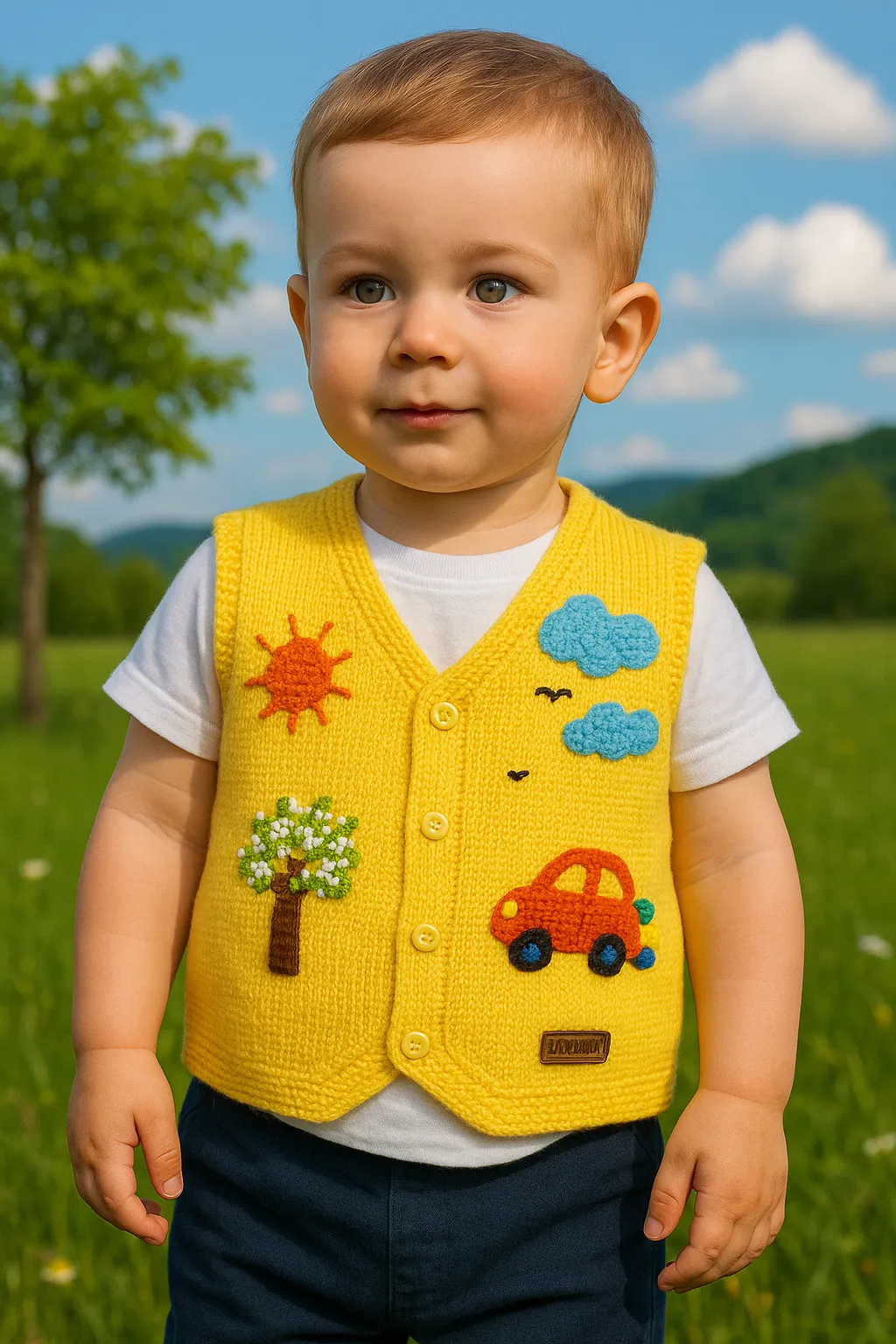 Sarı Renkli Doğa Temalı Bebek Yeleği - El İşçiliği Örgü Yelek