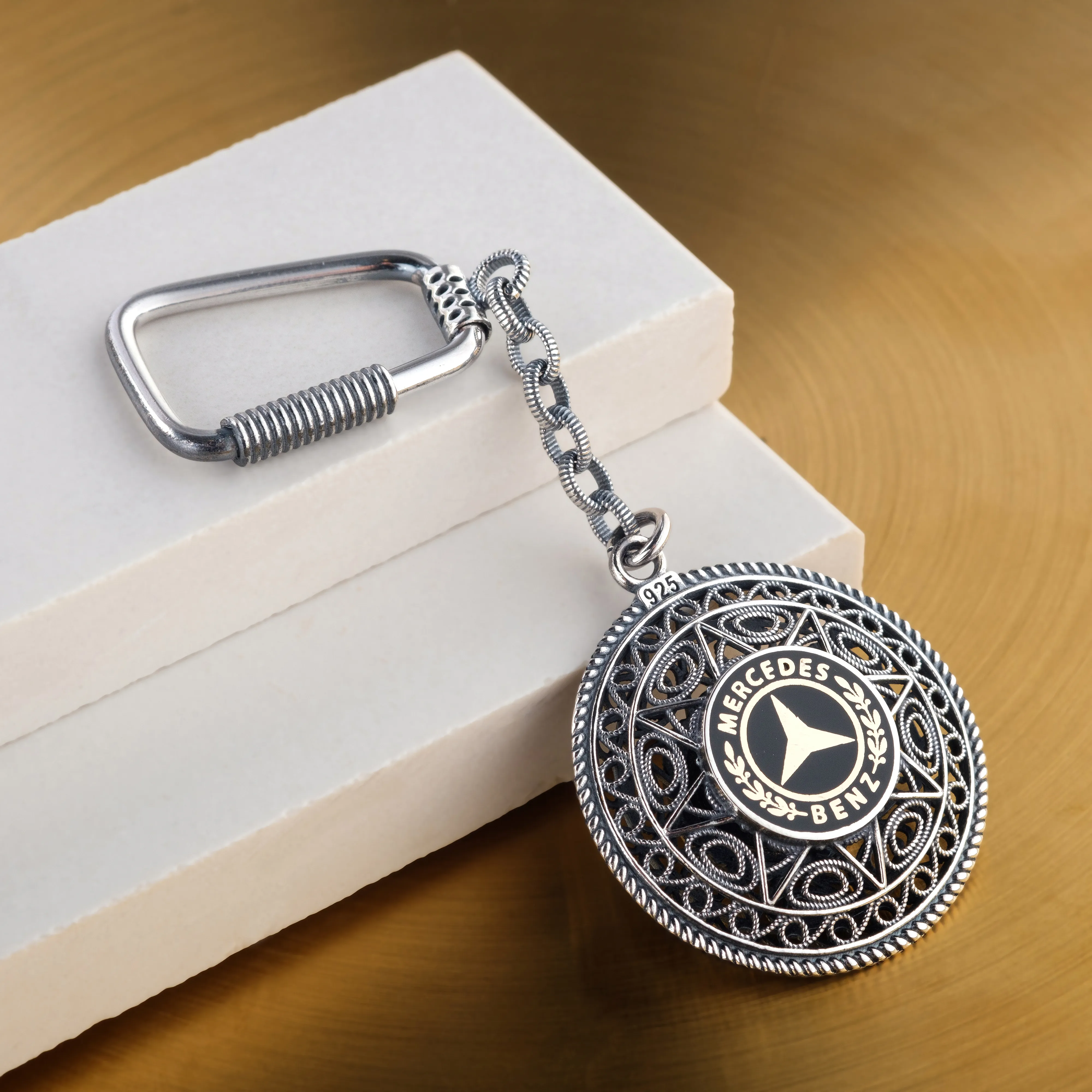925 Sterling Silver Filigree Keyring with Mercedes Emblem - Midyat Craftsmanship