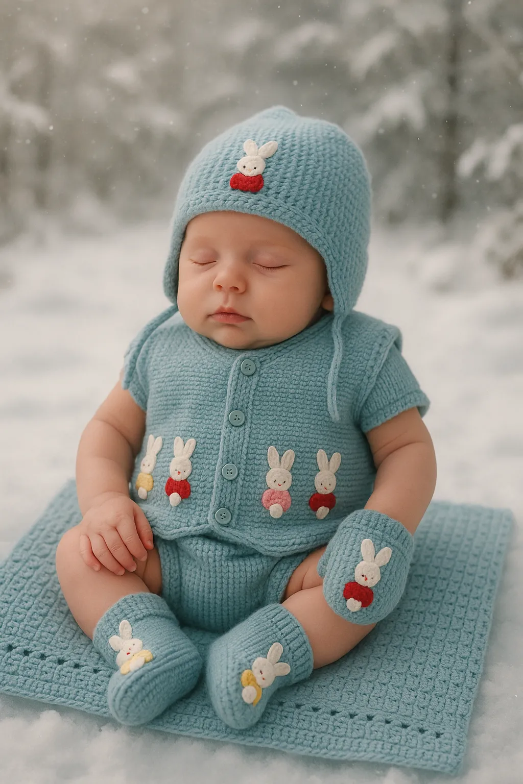 Mavi Örgü Bebek Hırka, Bere ve Eldiven Seti - Tavşan Desenli El Emeği