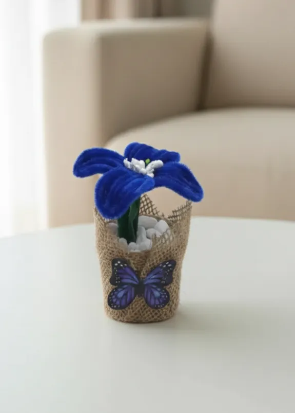 Mavi Şönil Çiçekli Jüt Saksı - Solmayan Dekoratif İç Mekan Çiçeği