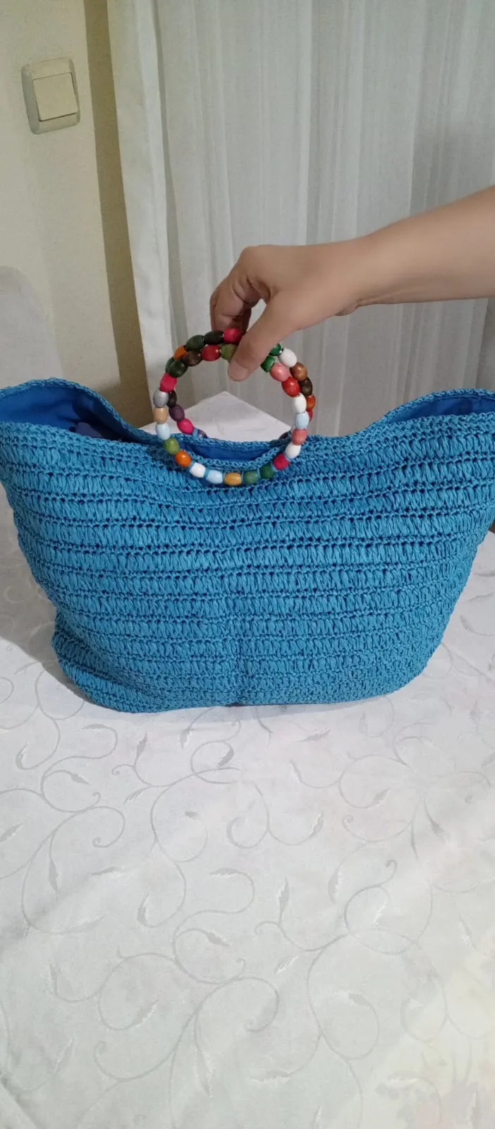 Turkuaz Rafya Örgü Çanta - Boncuk Saplı, Astarlı, Büyük Boy - El Emeği