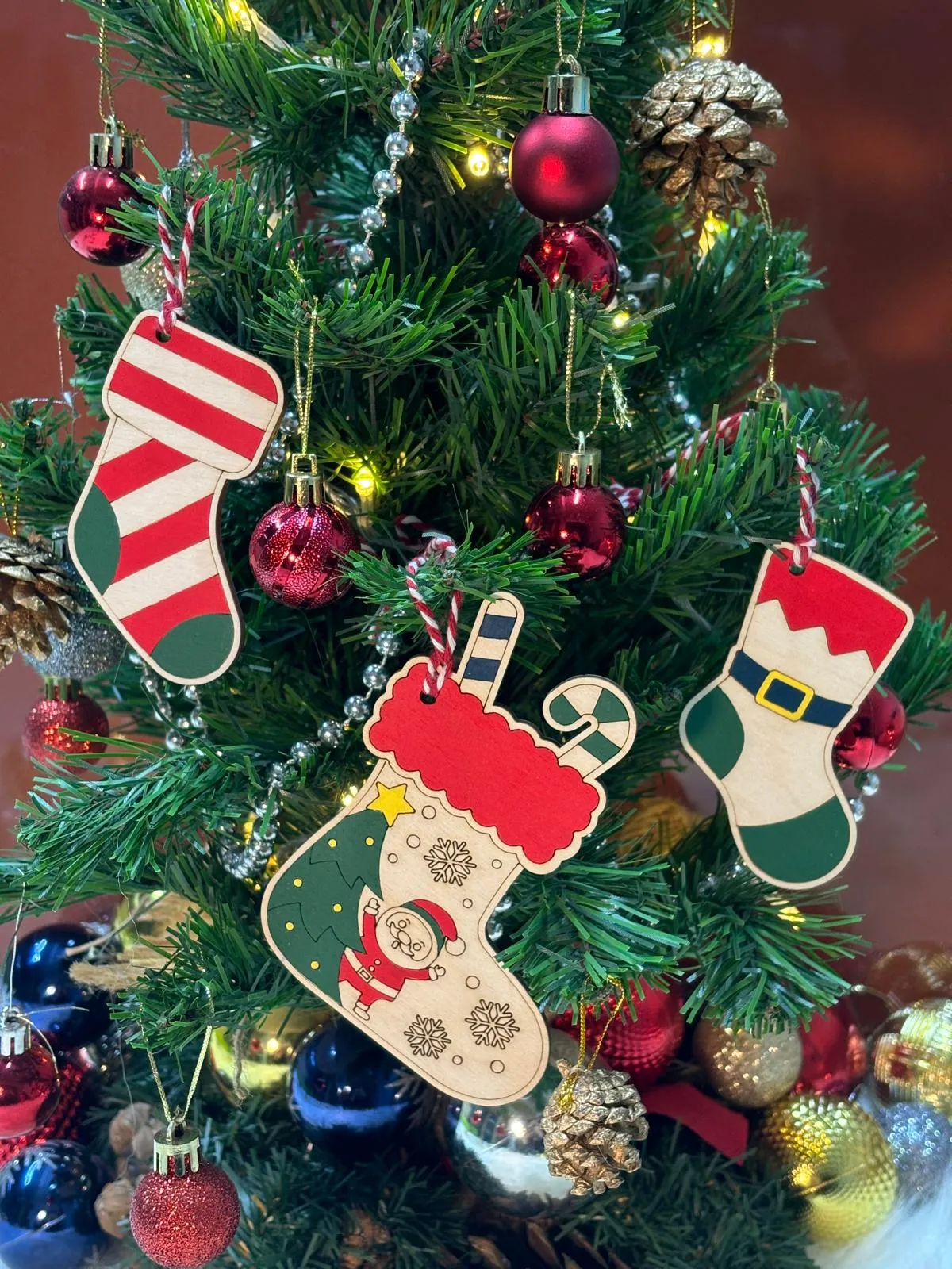 Natural Birch Plywood Sock Figure Christmas Ornament – Hand Painted