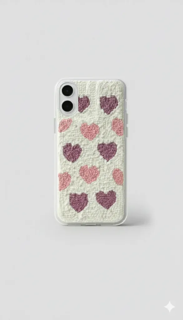 iPhone 17 Uyumlu El Yapımı Punch Nakışı Mor Pembe Kalp Kılıf