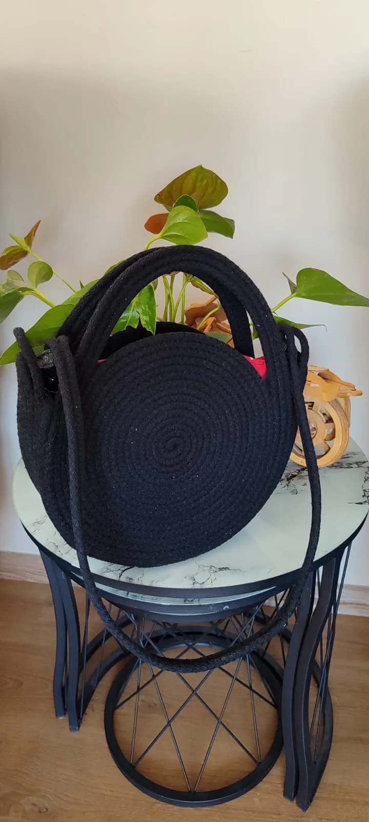 Siyah Halat İp Örgü Omuz Çantası - Yuvarlak Form, Büzgülü Kese Detaylı