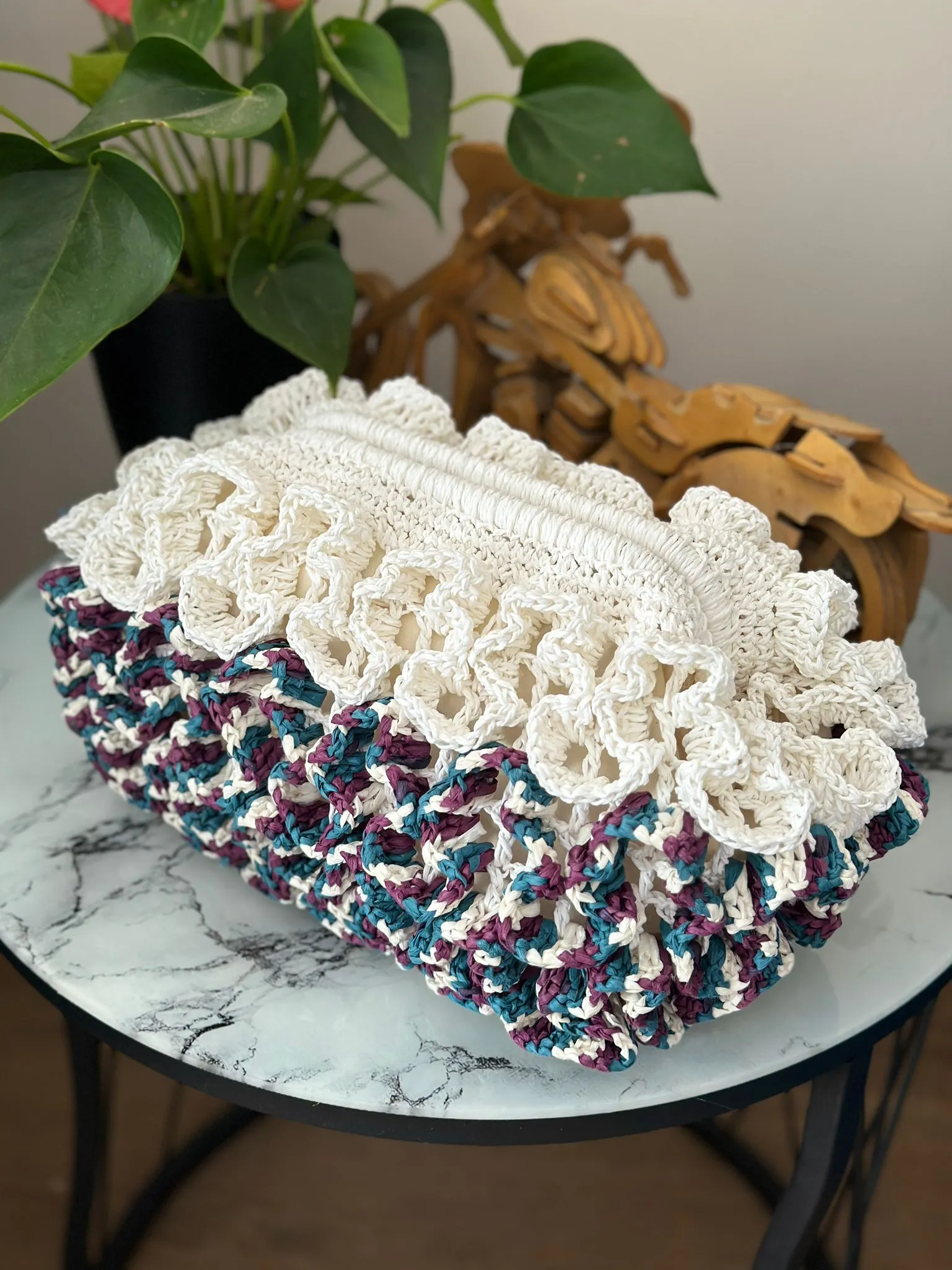 Rafya Burslu Zincirli Omuz Çantası - Çok Renkli El Örgüsü Portföy