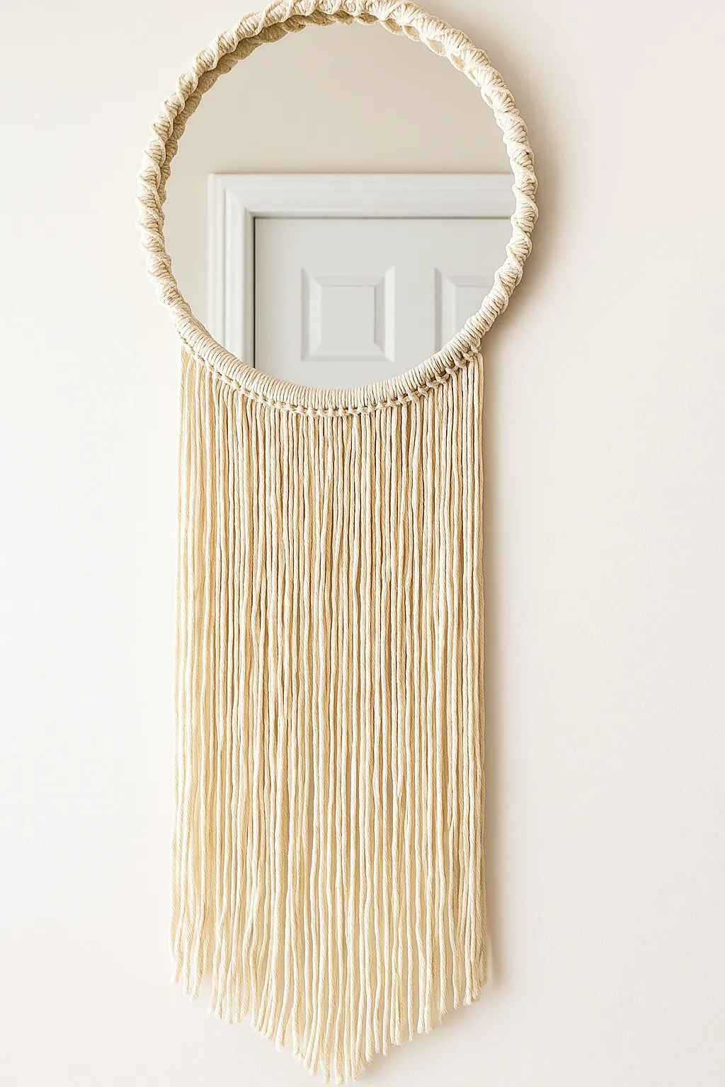 Krem Renkli Makrome Duvar Aynası - Bohem Tarzı El İşçiliği