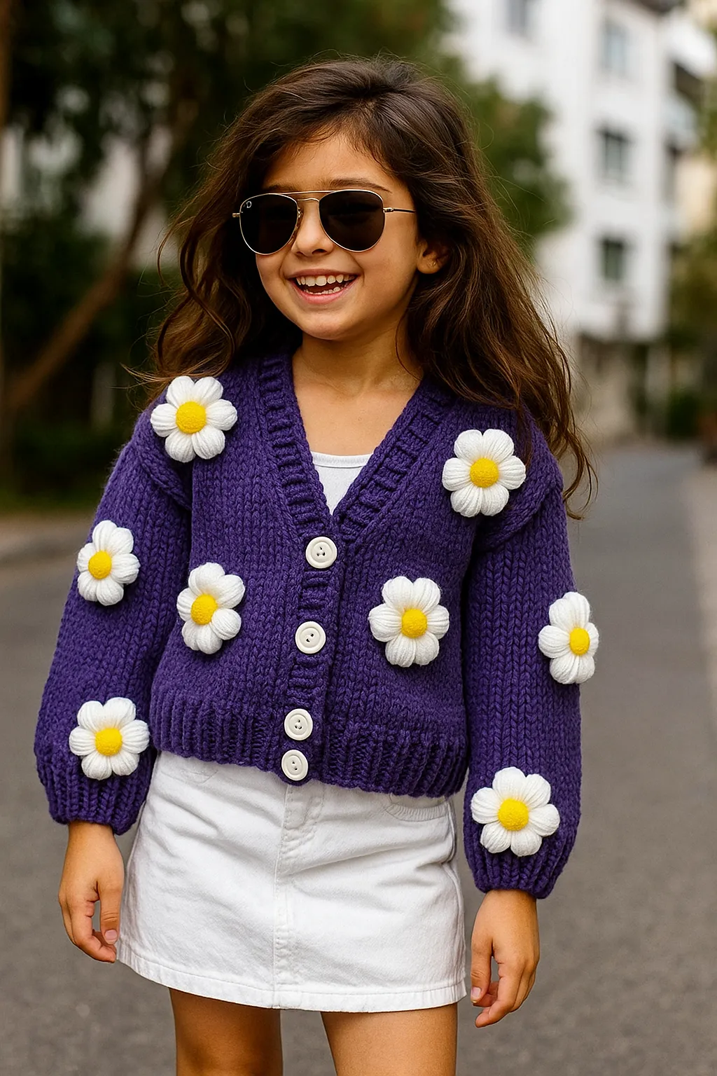 Mor Renkli Çiçek Detaylı Kız Çocuk Örgü Hırka - El Örgüsü