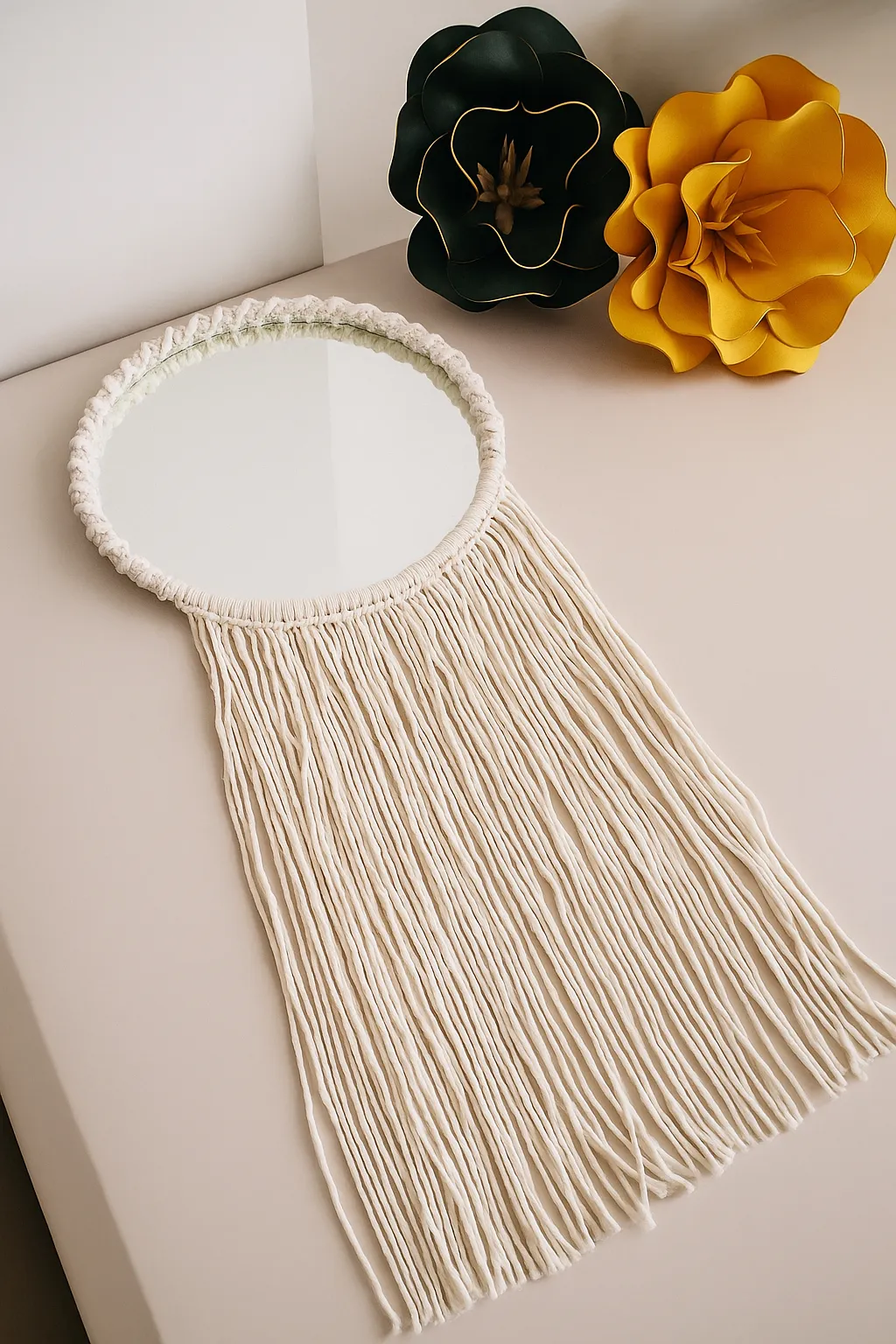 Krem Renkli Makrome Duvar Aynası - Bohem Tarzı El İşçiliği