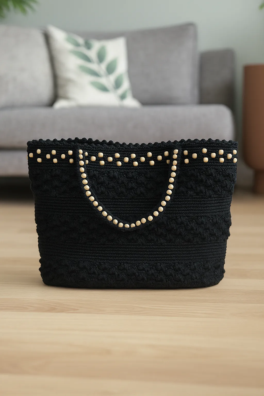 El Yapımı Ahşap Boncuk Saplı Makrome Çanta – Leopar Tabanlı Şık Özel Tasarım