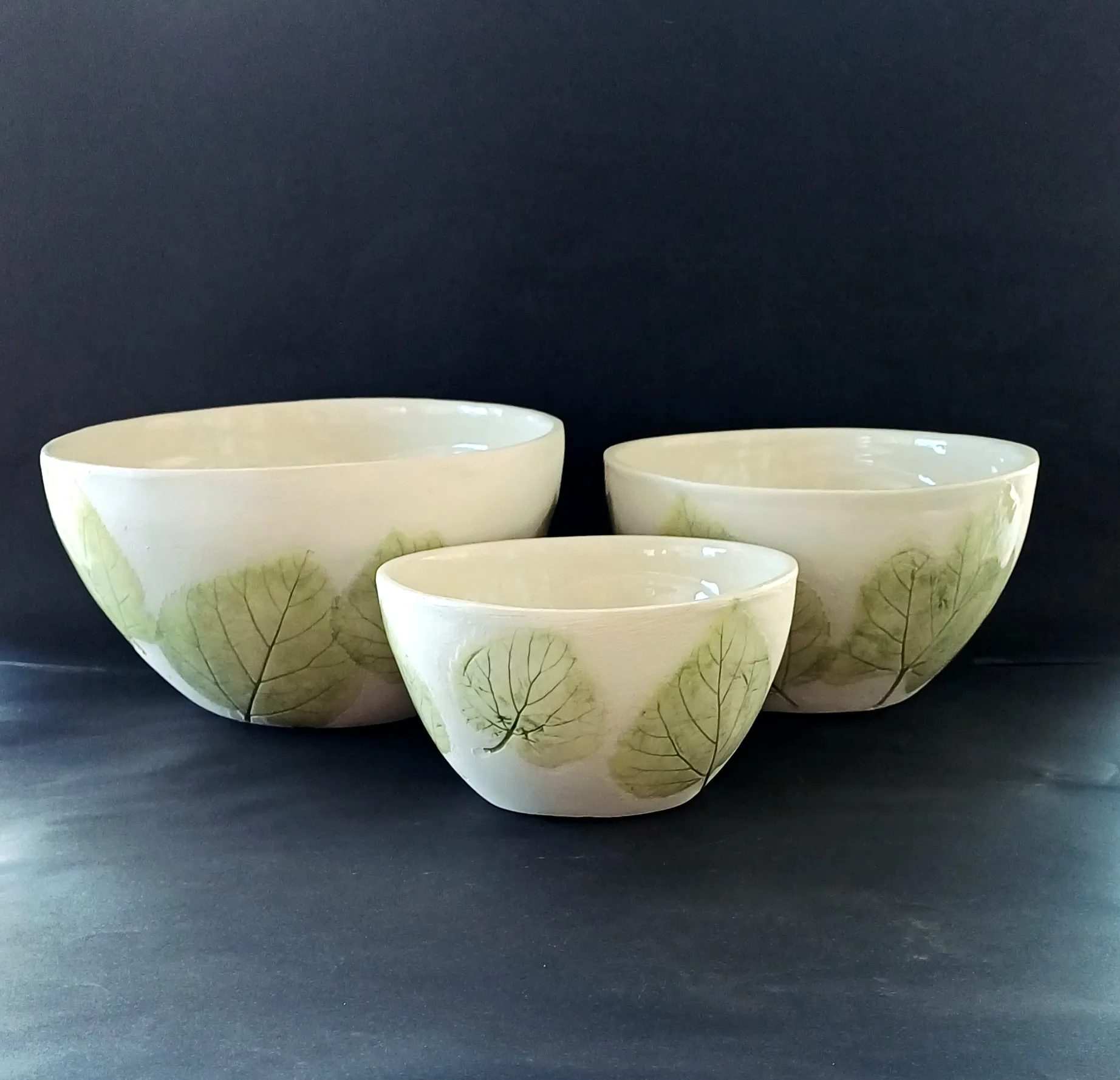 Yaprak Desenli Seramik Üçlü Kase Takımı - El Yapımı Tasarım