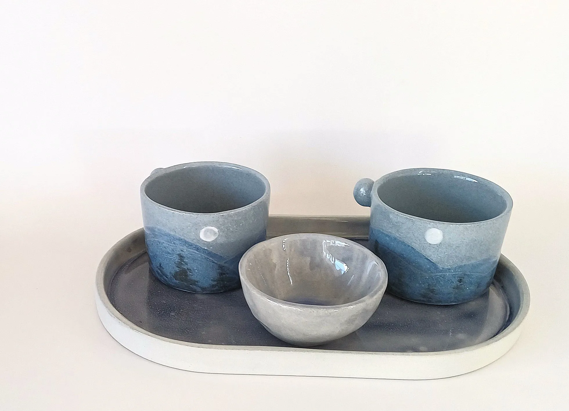 Mavi Tonlarda Seramik Kahve Sunum Takımı - El Yapımı Tasarım