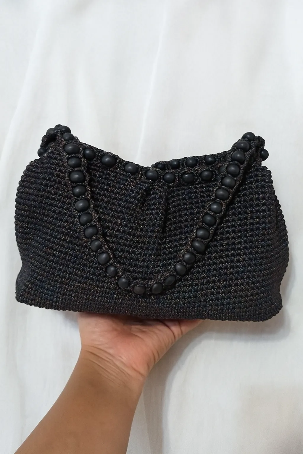 Siyah Makrome Örgü Boncuk Detaylı Omuz Çantası - Şık ve Zarif