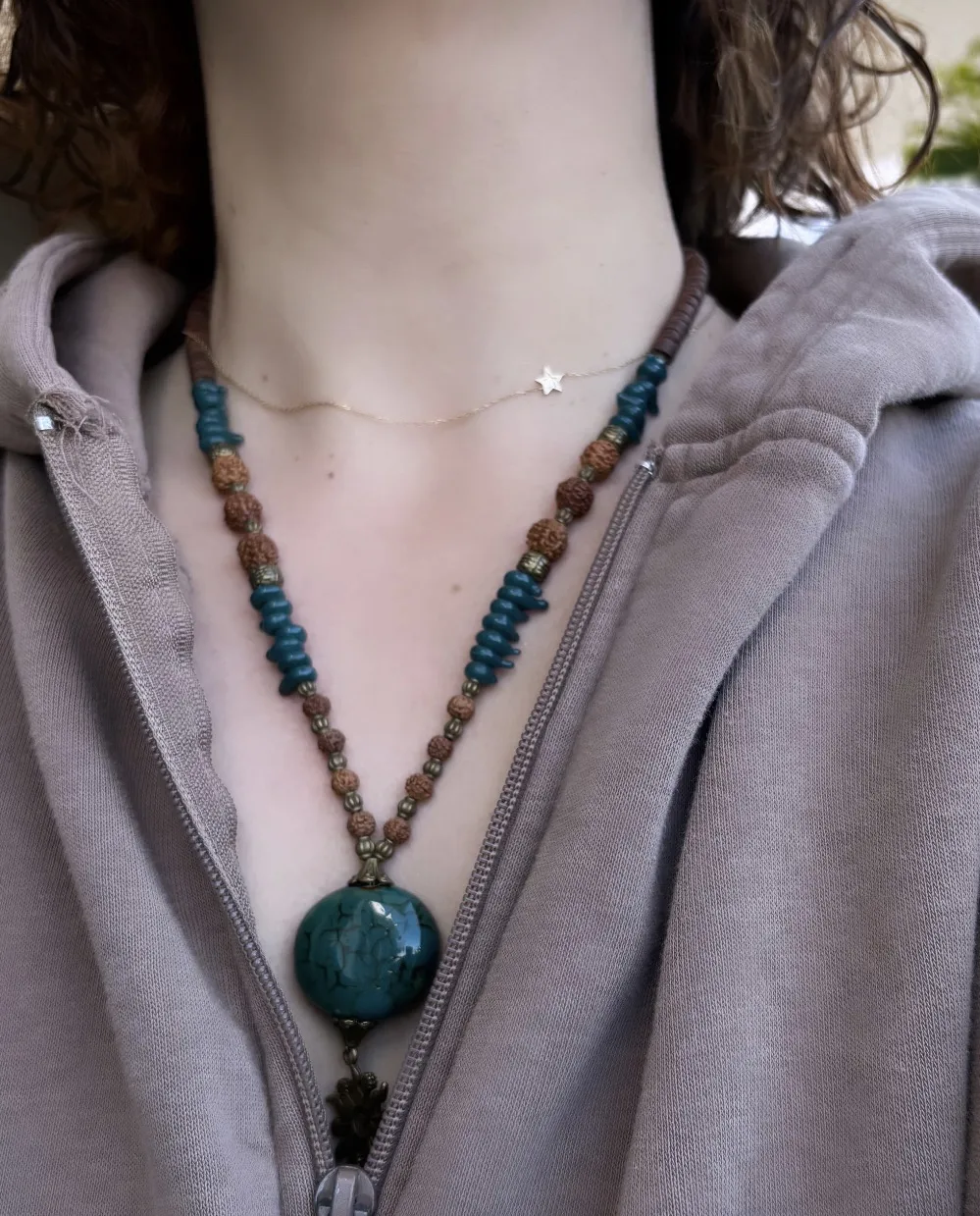 Rudraksha Tohumlu Güneş Figürlü El Yapımı Bohem Kolye