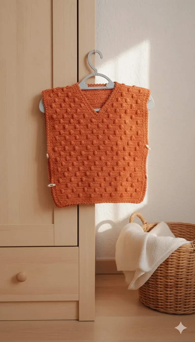 Turuncu Kız Bebek Kabartma Desenli Örme Panço - El Emeği