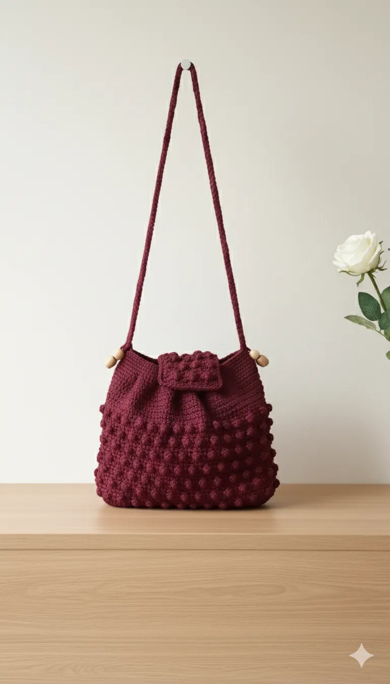 Bordo Ponponlu Makrome Örme Omuz Çantası - Yandan Büzgülü El Emeği